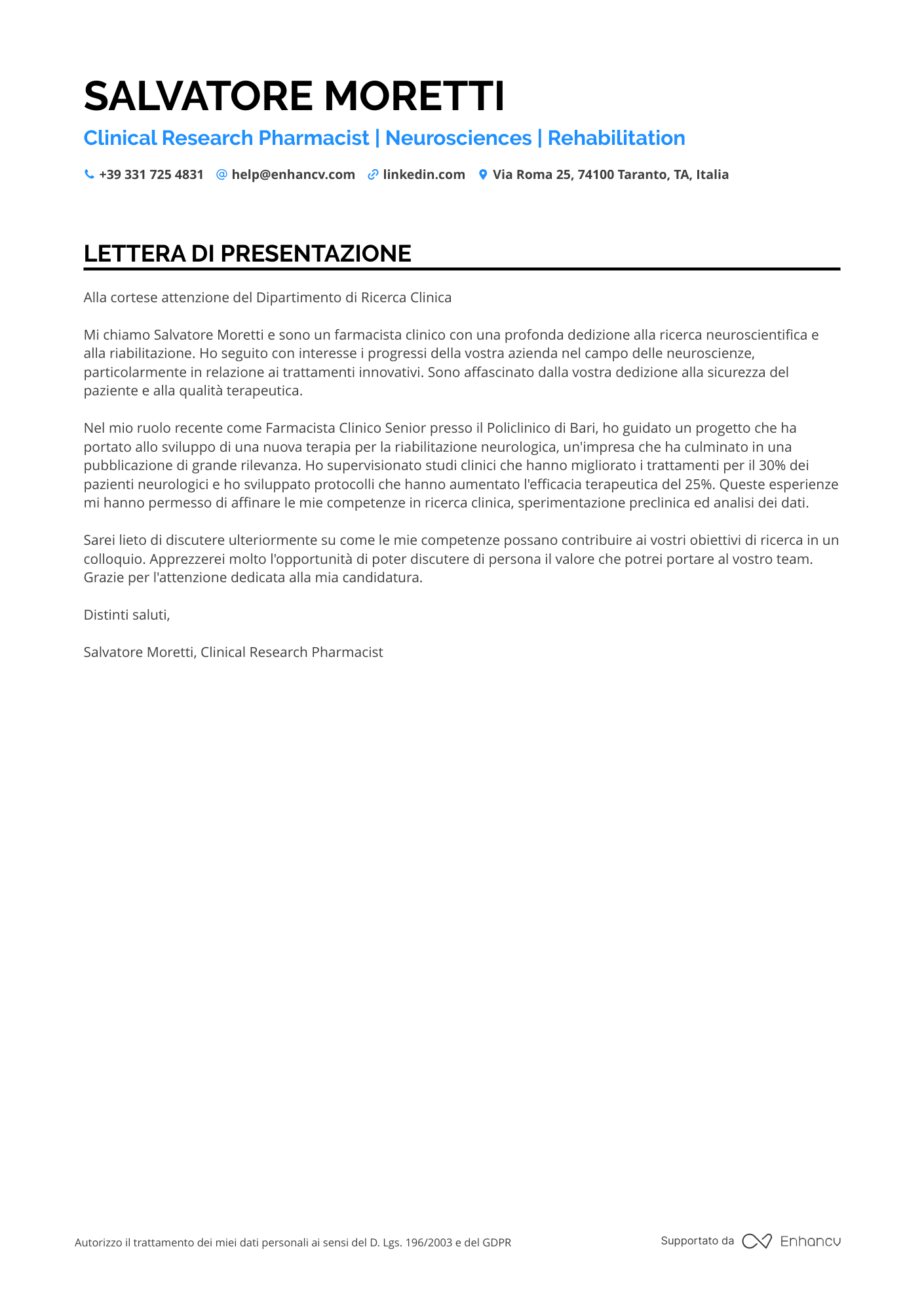 Farmacista di Ricerca Resume Example