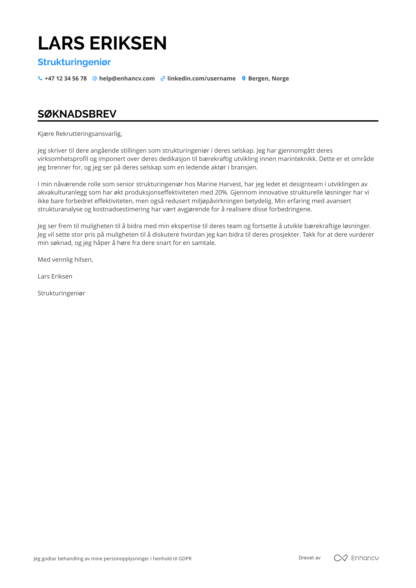 Søknadsbrev for Akvakultur Strukturingeniør Resume Example
