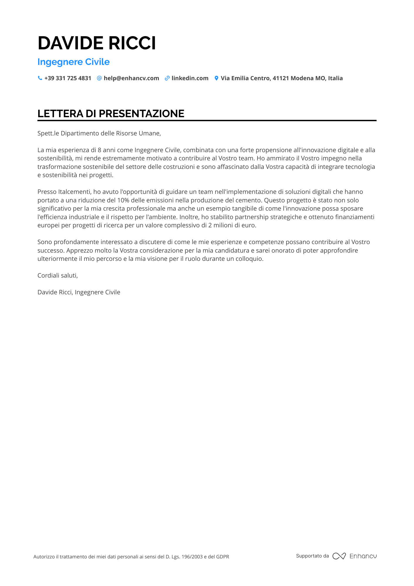 Ingegnere Civile per Costruzioni Sostenibili Resume Example