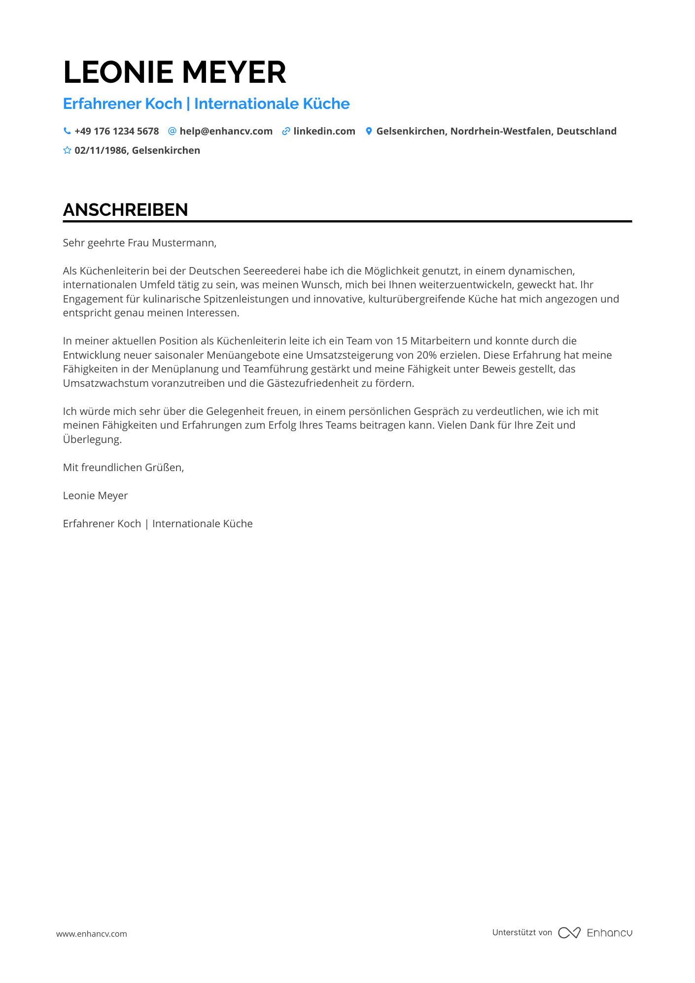 Koch in einem Kreuzfahrtschiff Resume Example