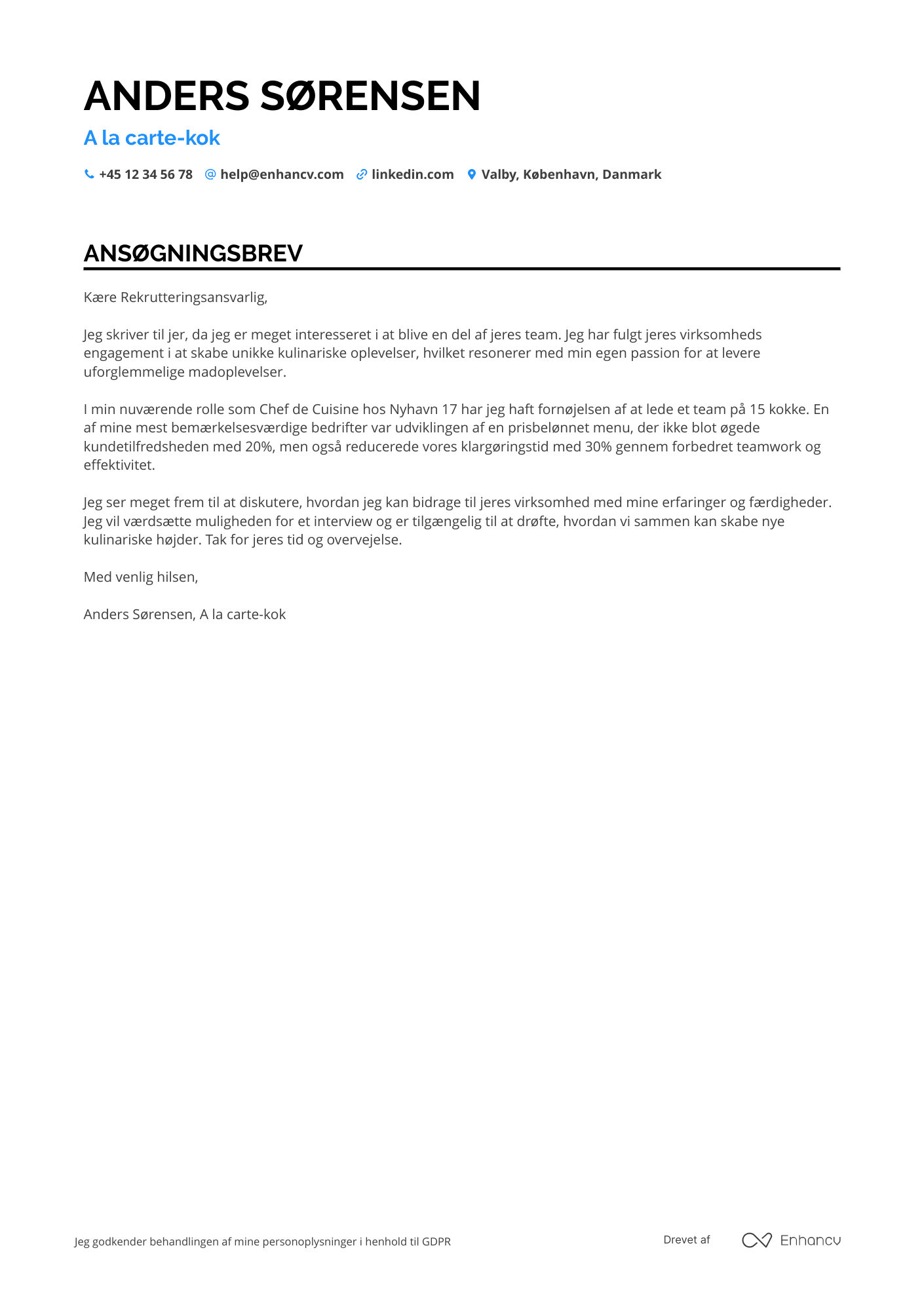Ansøgningsbrev til A la carte kok Resume Example