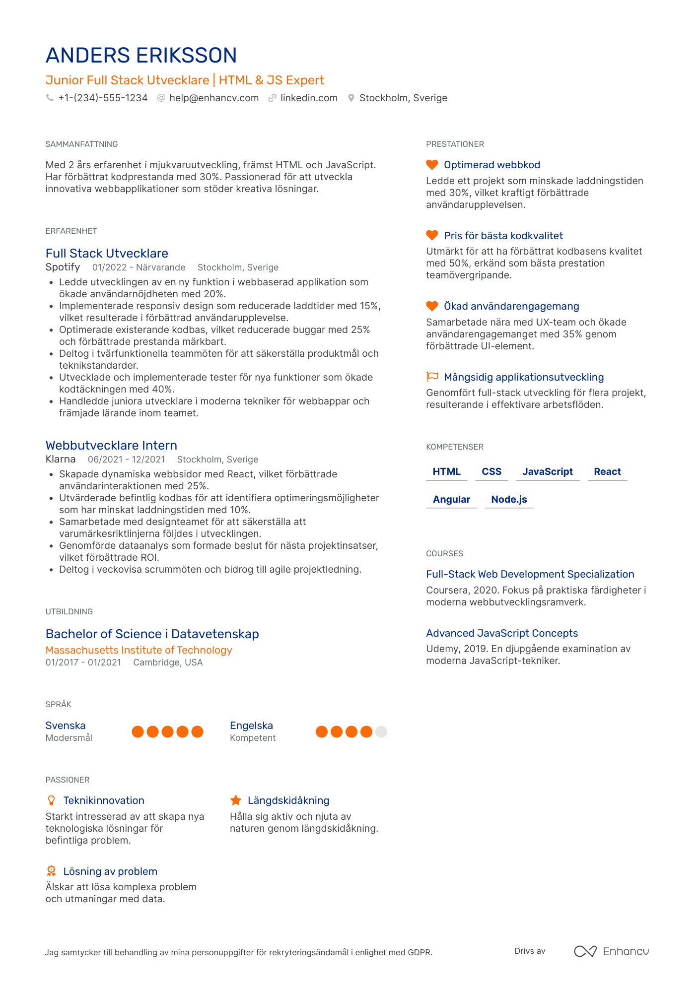 CV för Junior Full Stack Utvecklare Resume Example