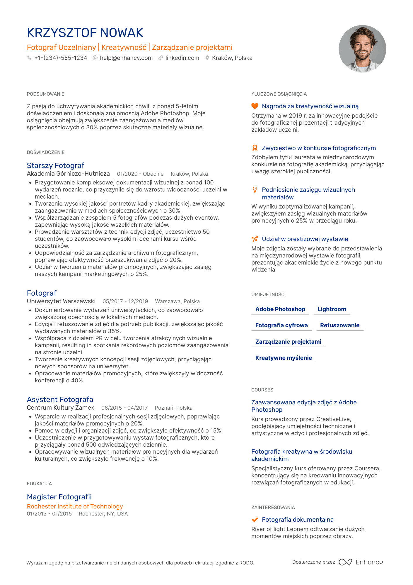 CV dla Fotograf uczelniany Resume Example