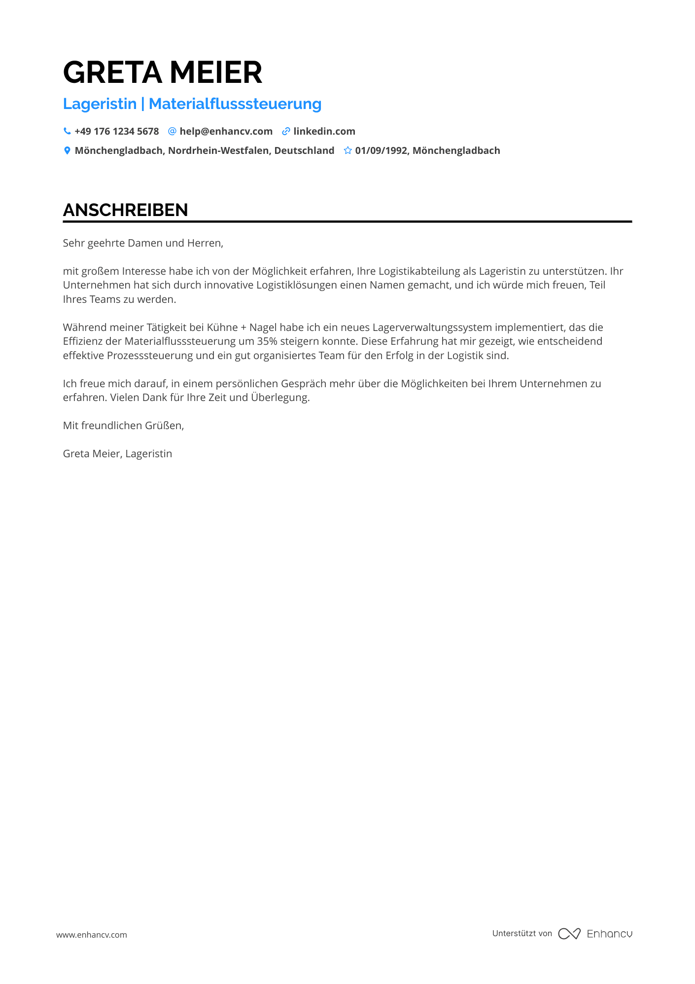Lagerist für Materialflusssteuerung Resume Example
