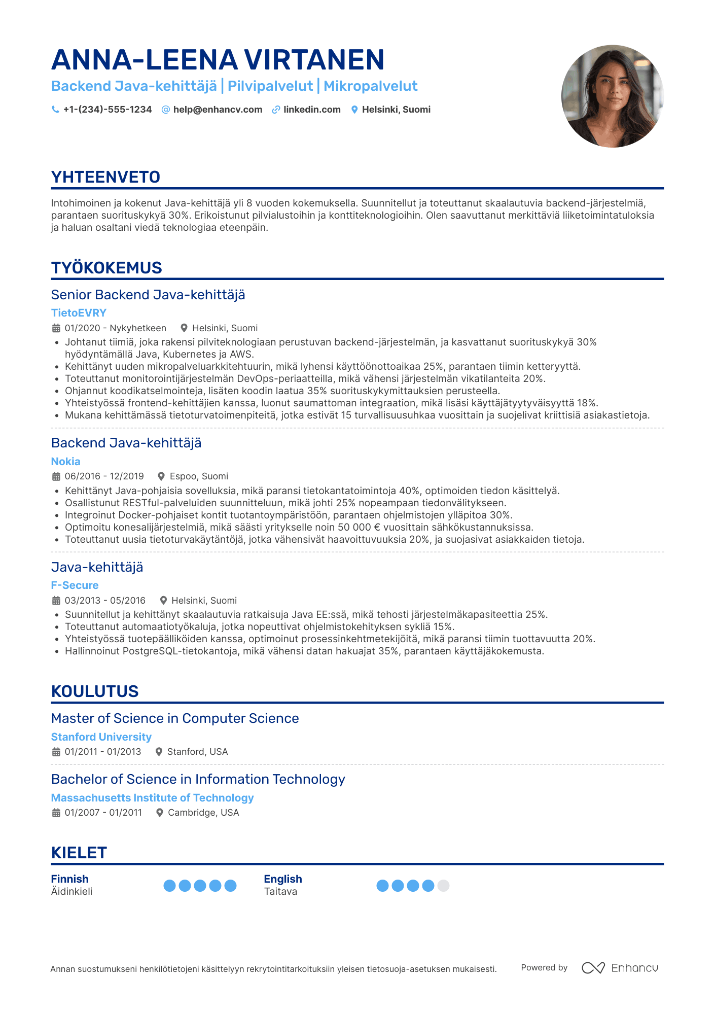 Ansioluettelo Backend Java kehittäjä Resume Example