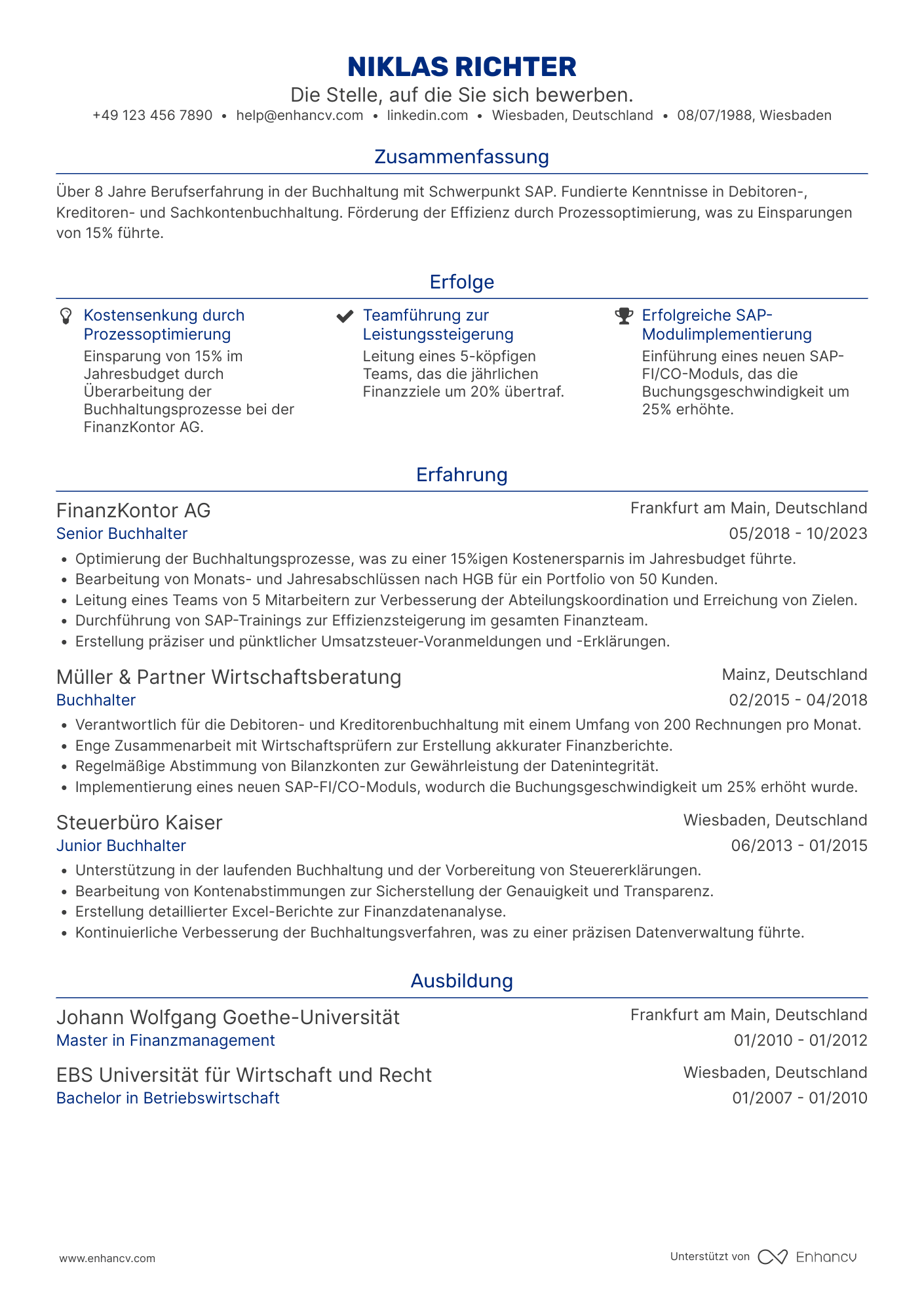 Lebenslauf als Buchhalter mit Erfahrung in SAP Resume Example