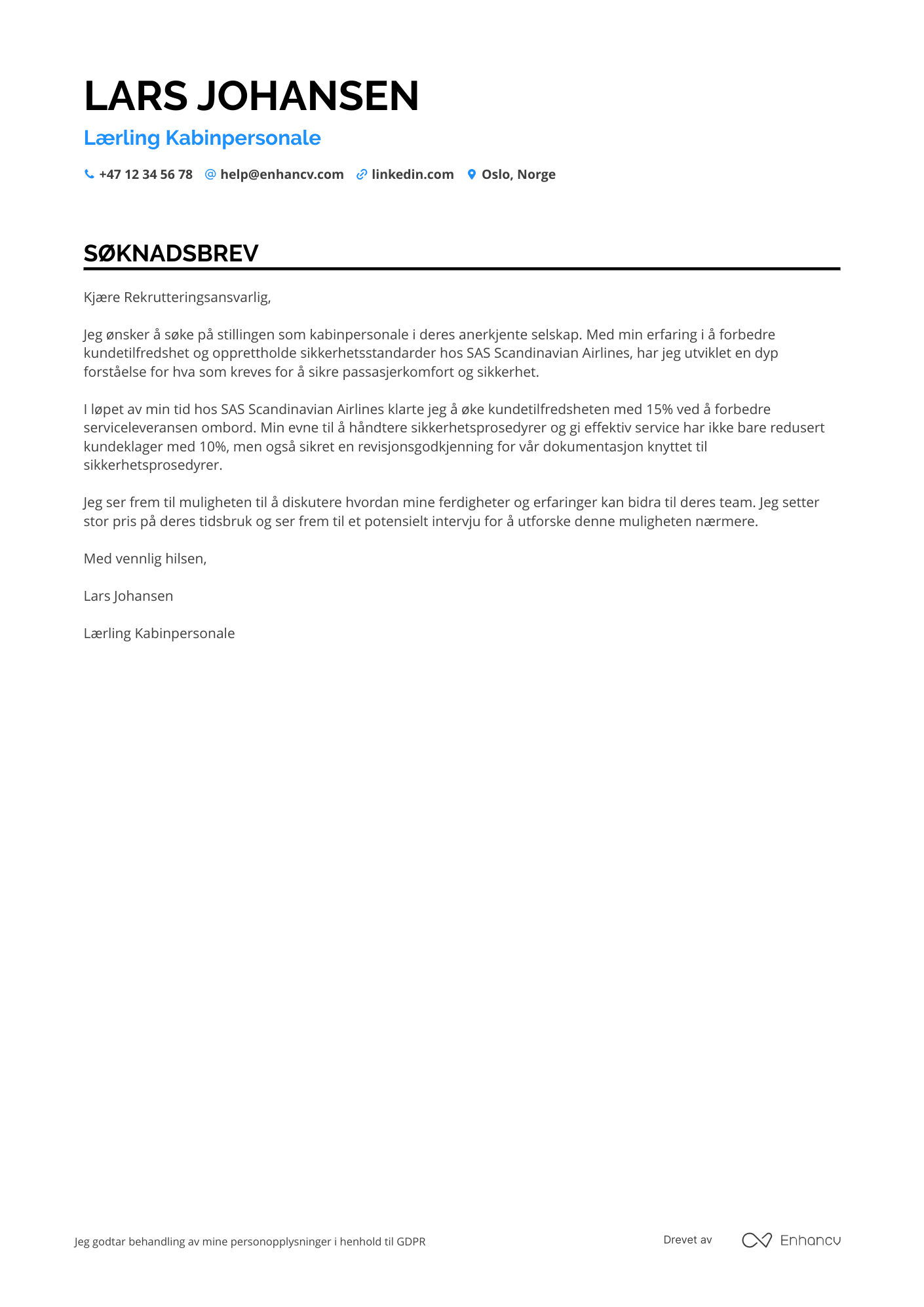 Søknadsbrev for Junior Kabinpersonale Resume Example