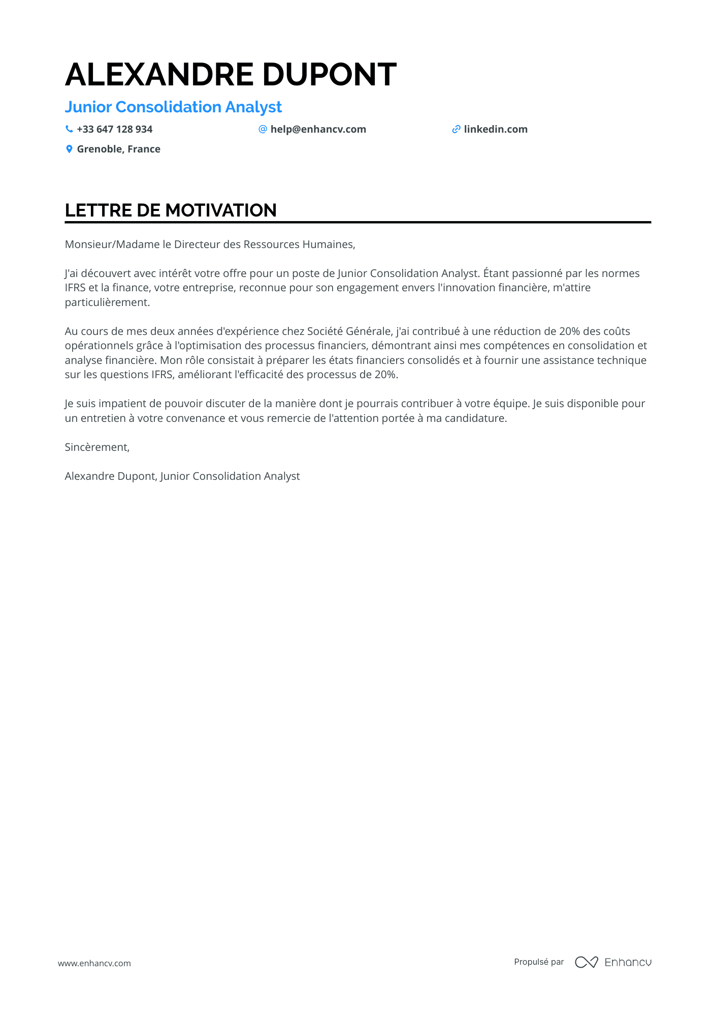 Analyste Financier Junior Resume Example