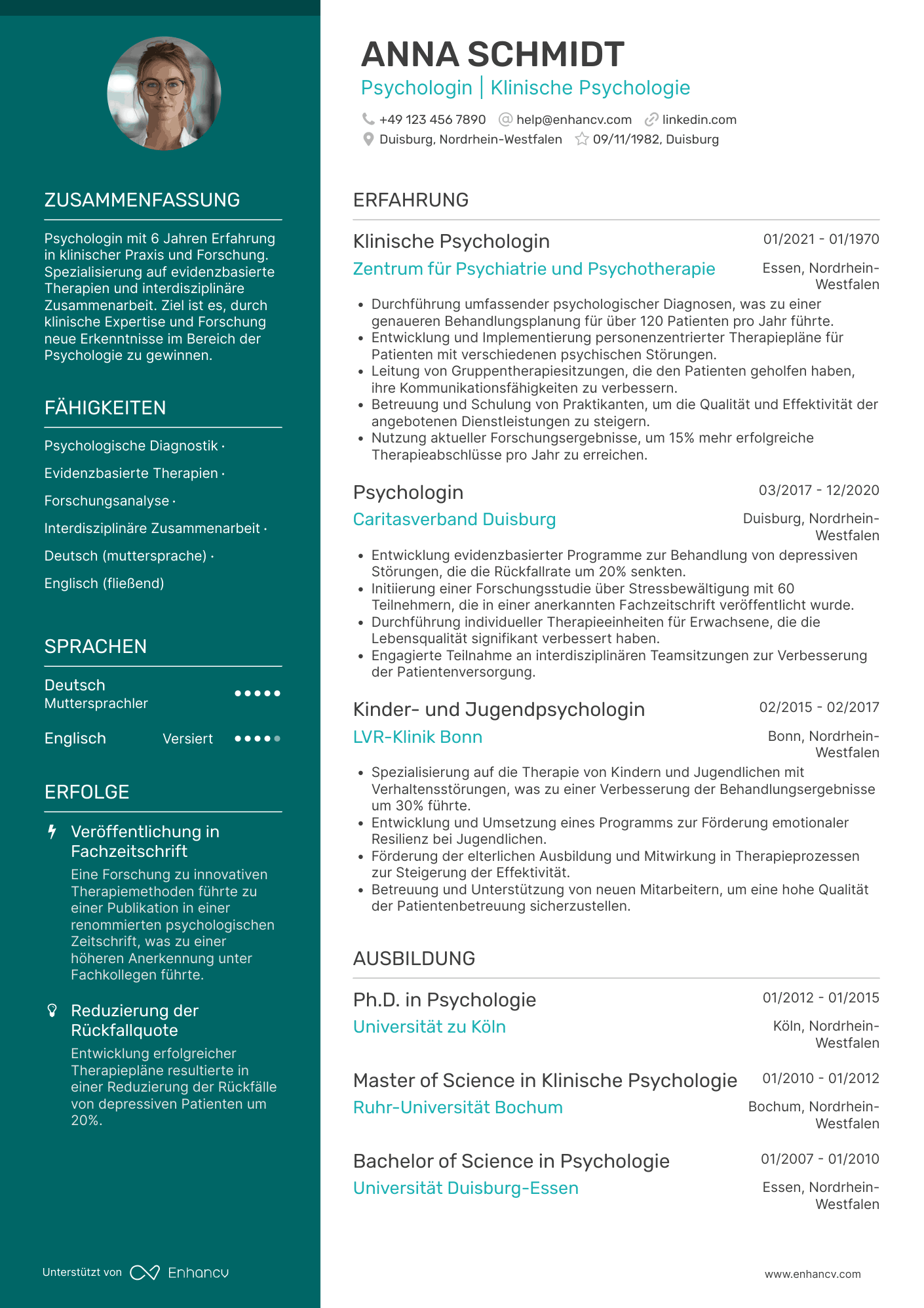 Lebenslauf als Psychologe mit Promotion Resume Example