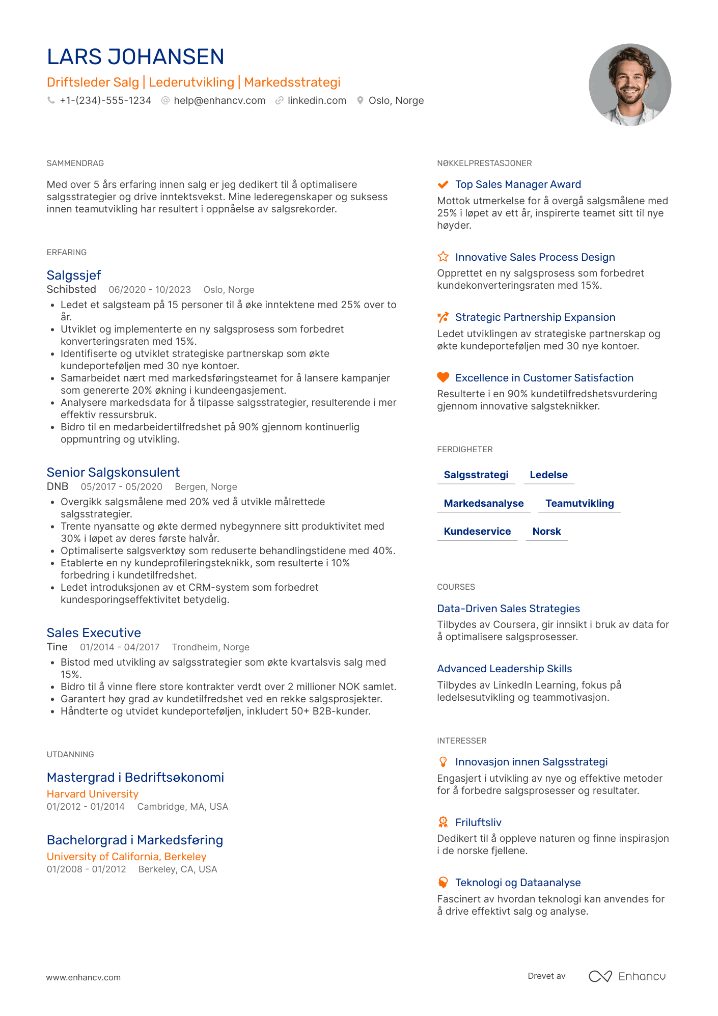 CV for Driftsleder Salg Resume Example
