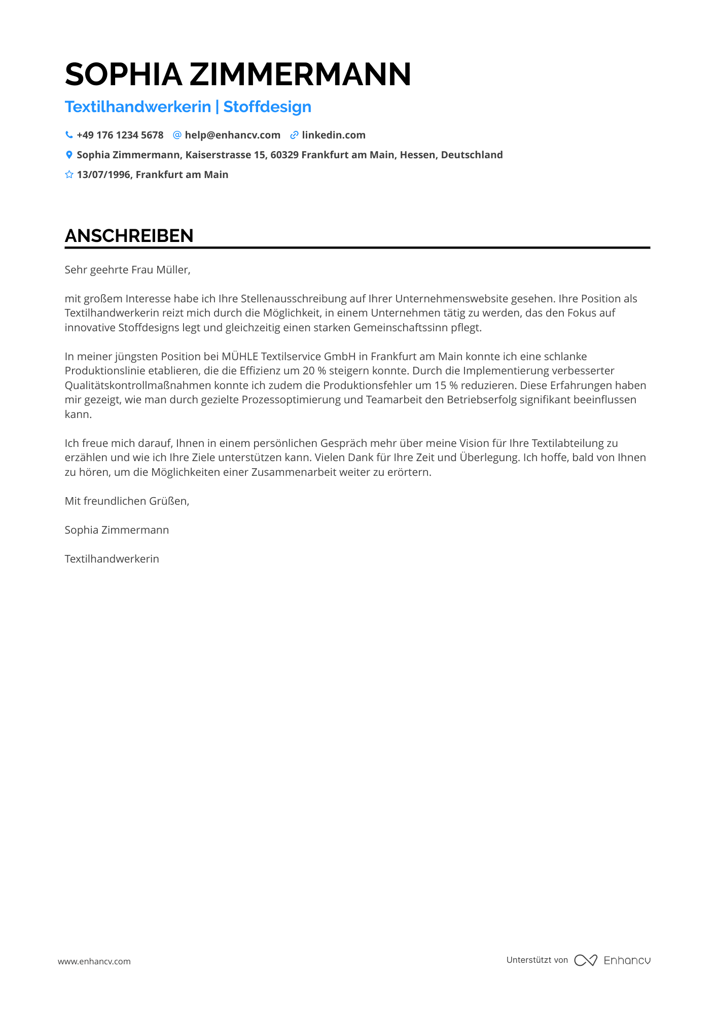 Textil Handwerker Resume Example