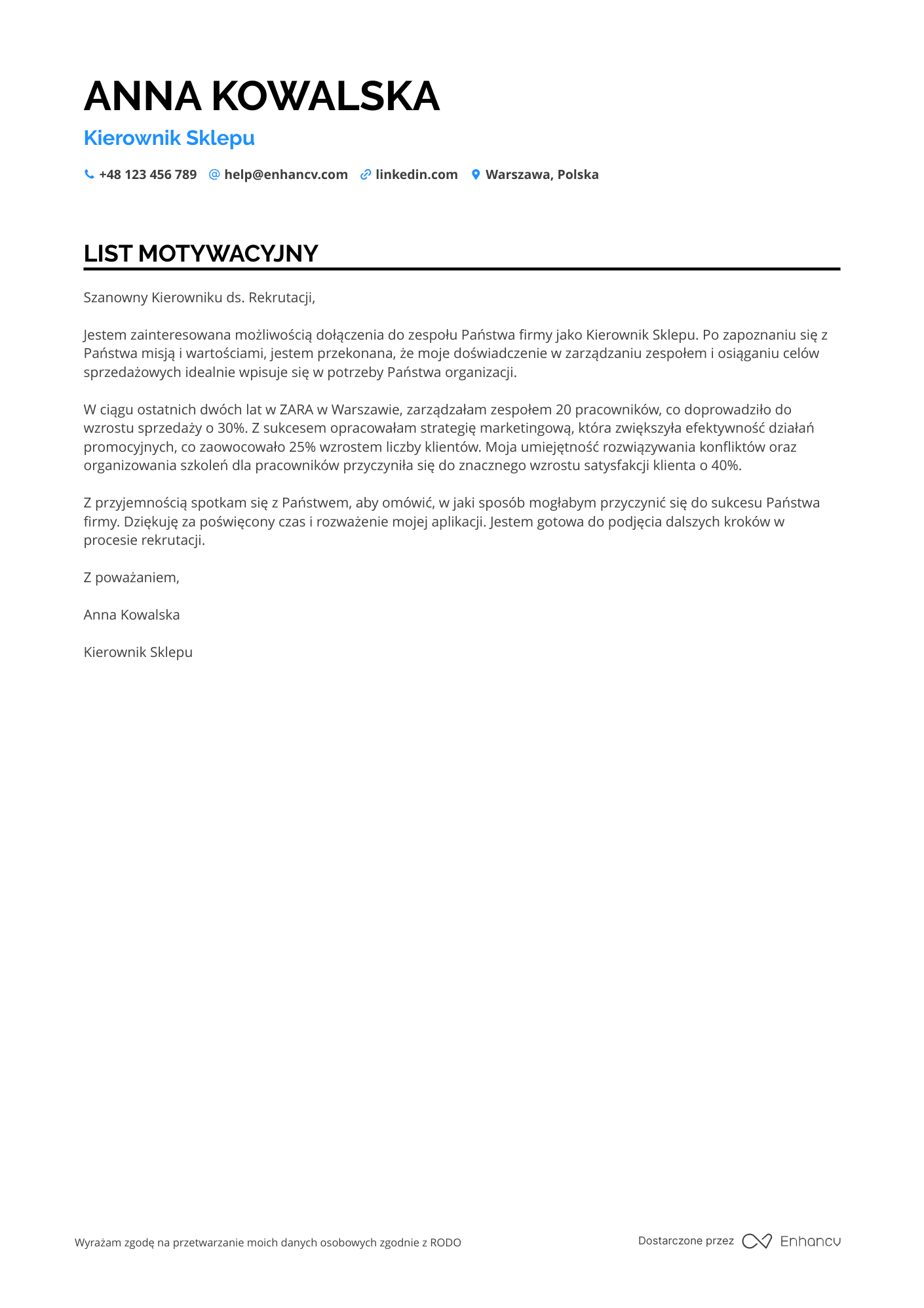 List motywacyjny dla Kierownik Sklepu Odzieżowego Resume Example