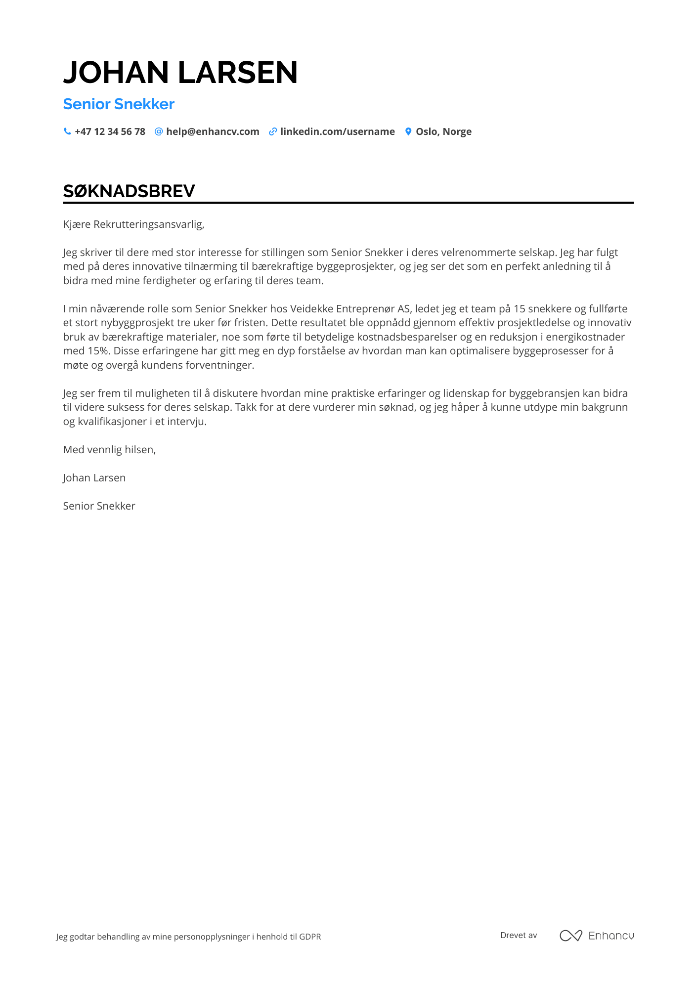 Søknadsbrev for Senior snekker Resume Example