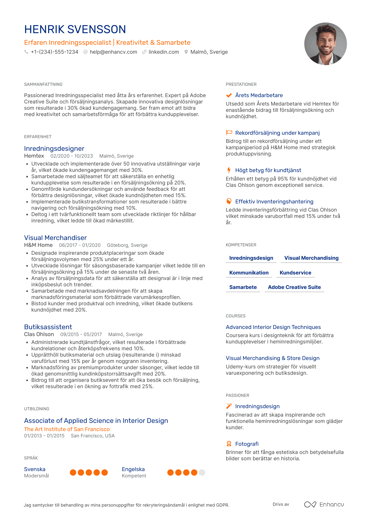 CV för IKEA Medarbetare Inredningsspecialist Resume Example