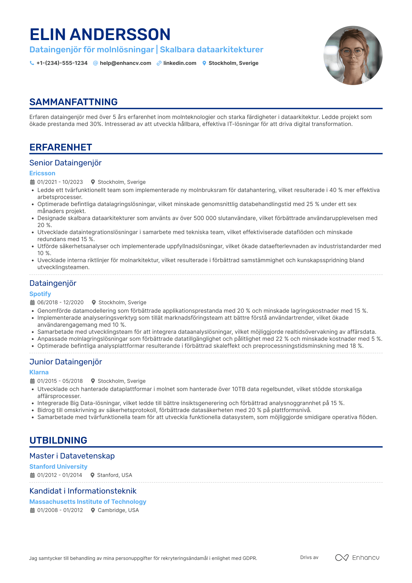 CV för Dataingenjör för molnlösningar Resume Example