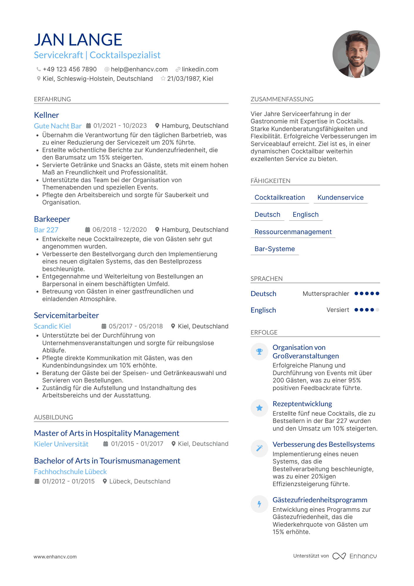 Lebenslauf als Kellner für Cocktailbar Resume Example