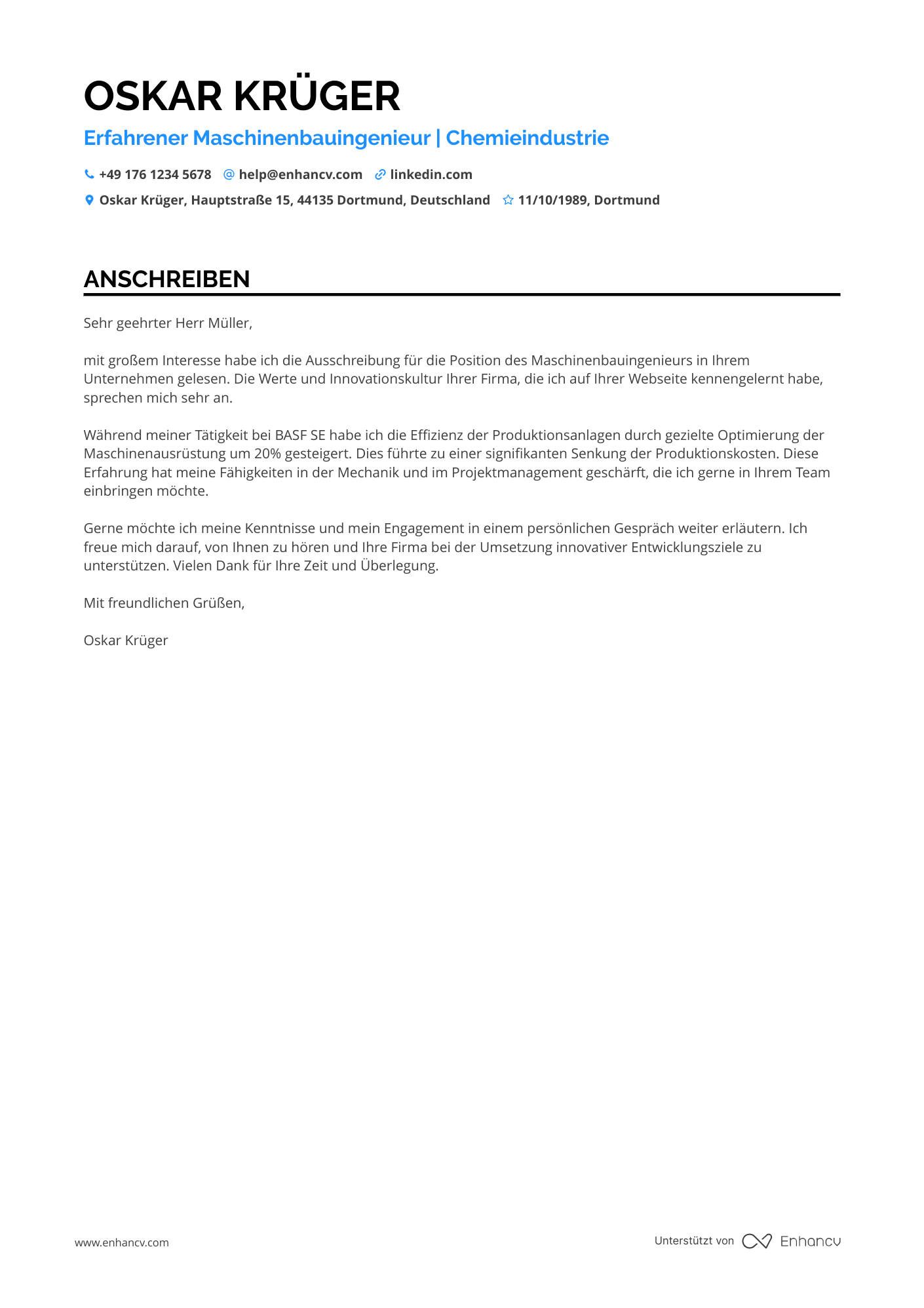 Maschinenbauingenieur in der Chemieindustrie Resume Example