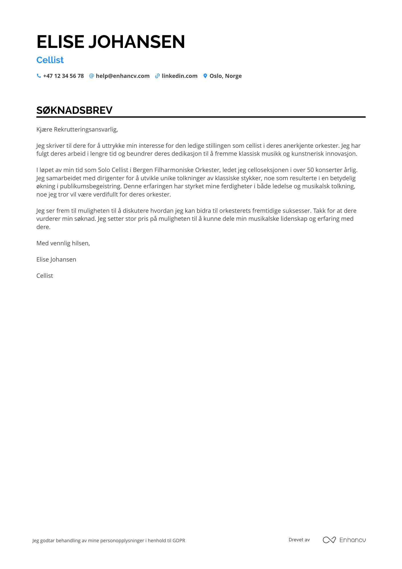 Søknadsbrev for Orkestermusiker Resume Example