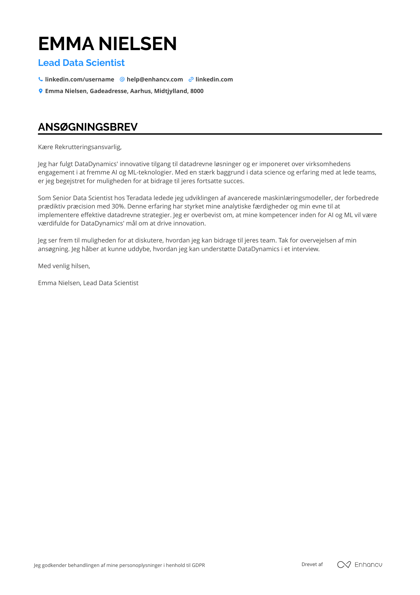Ansøgningsbrev til Lead Data Scientist Resume Example