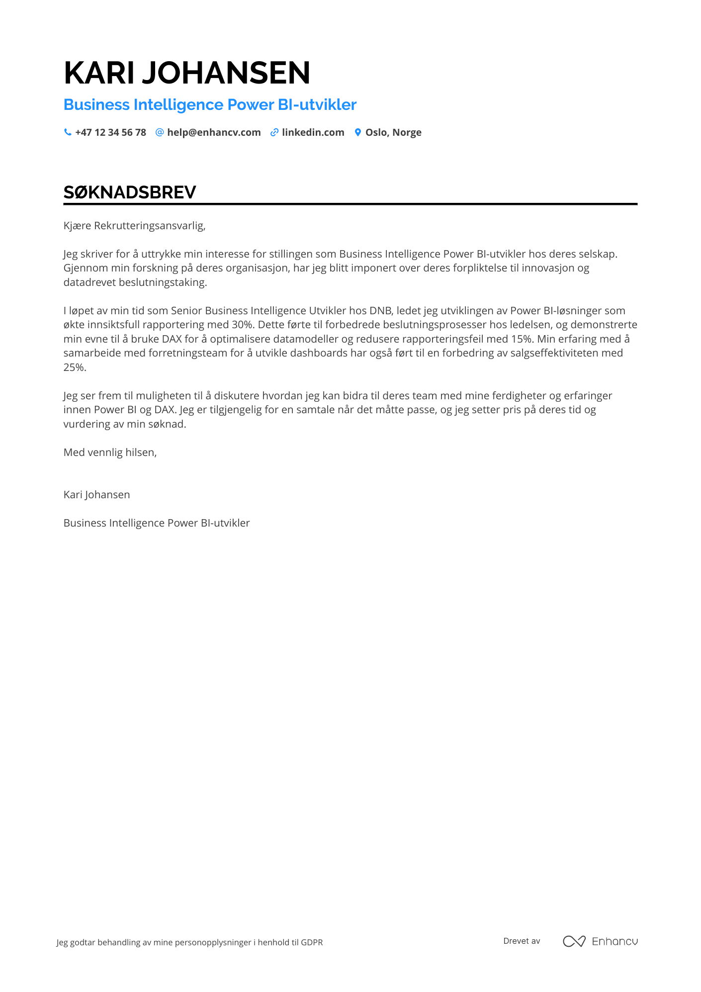 Søknadsbrev for Business Intelligence Power BI‑utvikler Resume Example