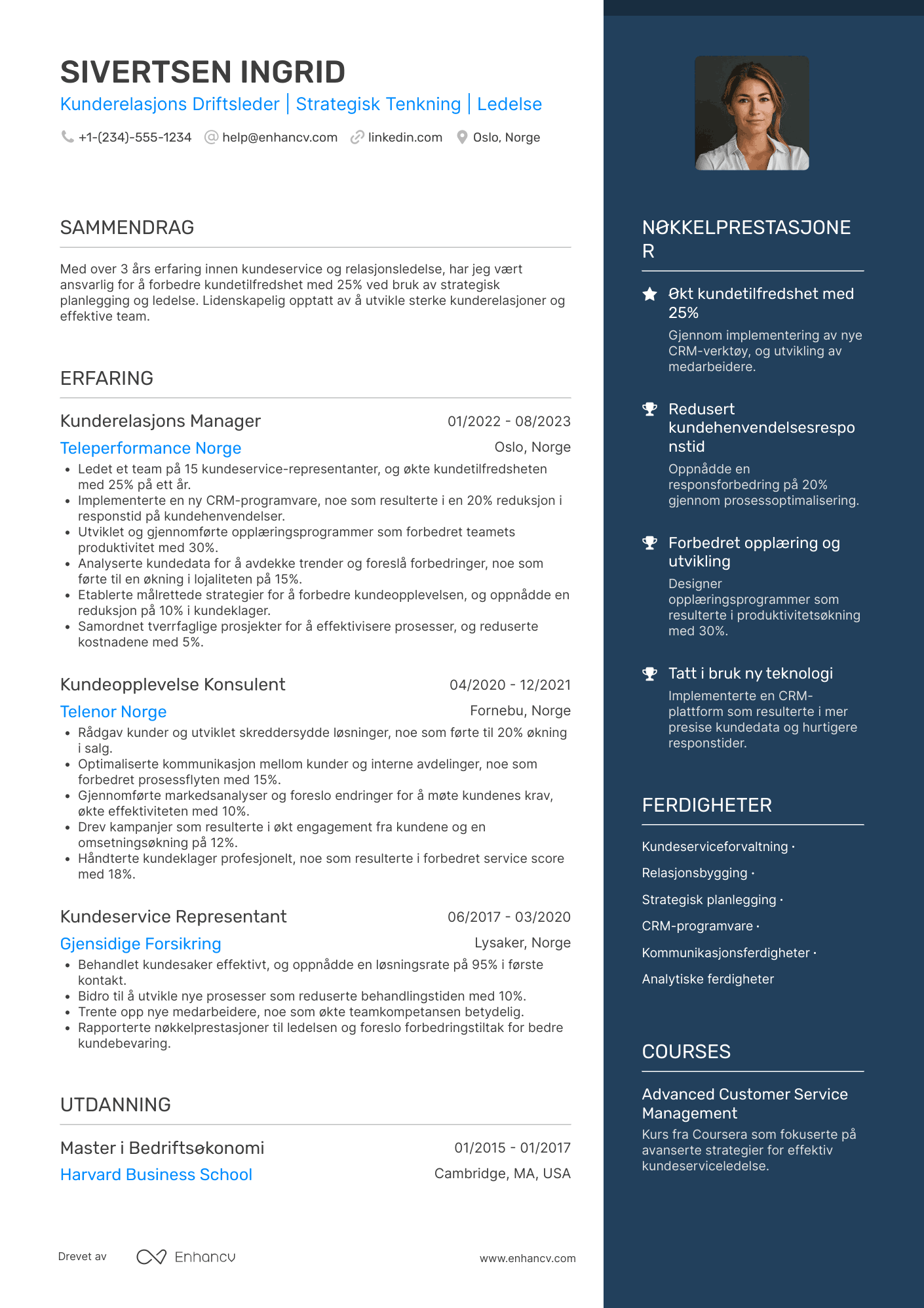 CV for Kunderelasjons Driftsleder Resume Example
