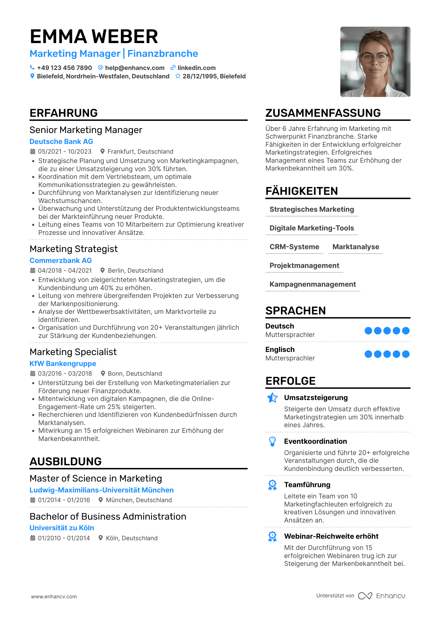 Lebenslauf in Marketing Manager in der Finanzbranche Resume Example
