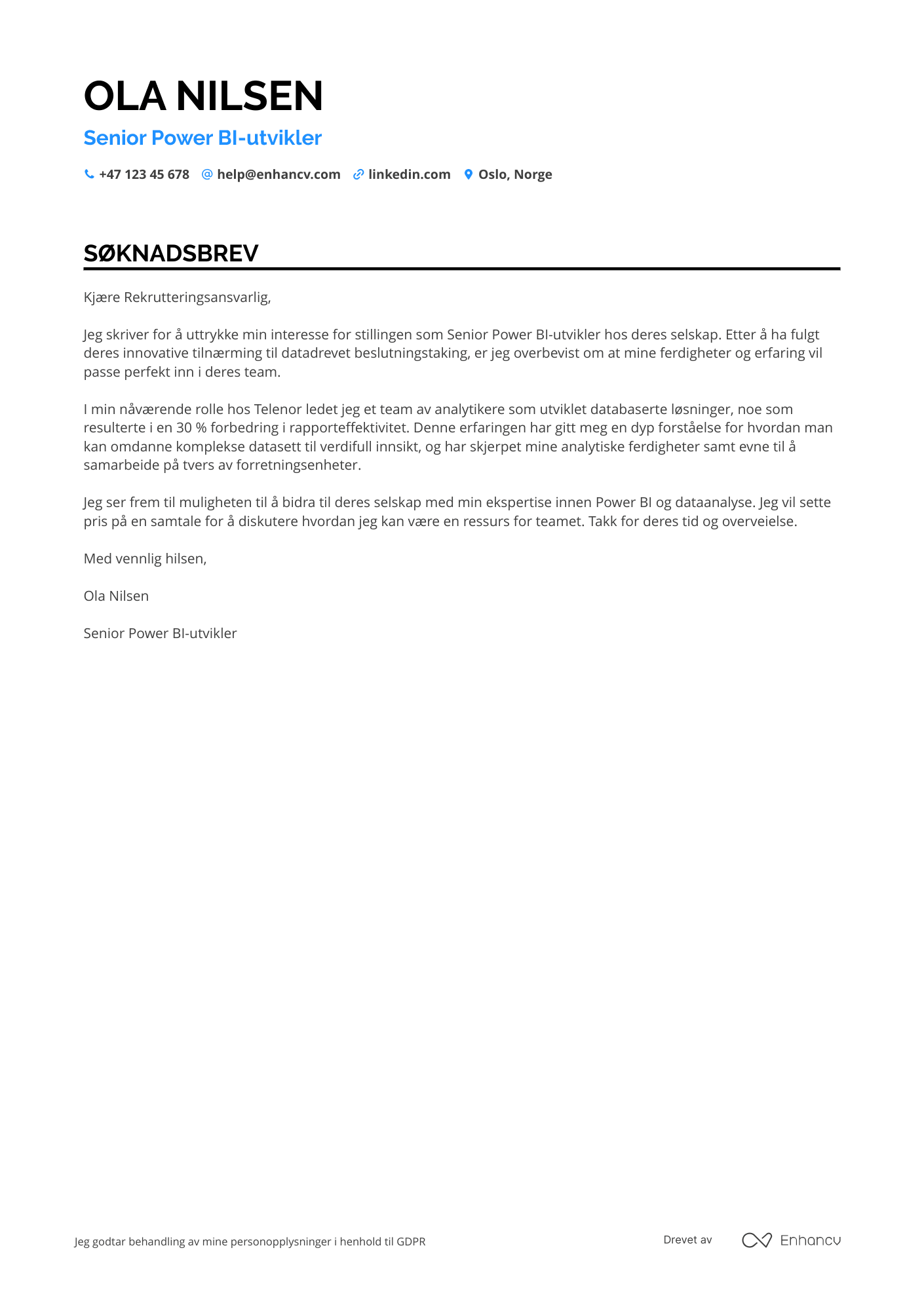 Søknadsbrev for Senior Power BI‑utvikler Resume Example