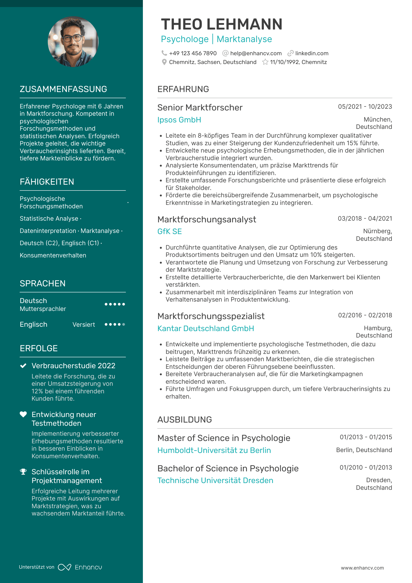 Lebenslauf in Psychologe in der Marktforschung Resume Example