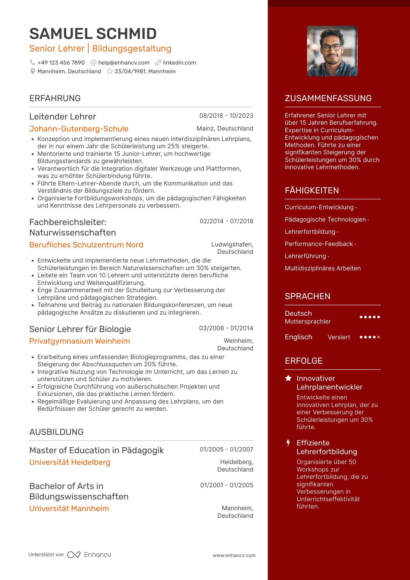 Lebenslauf als Senior Lehrer Resume Example