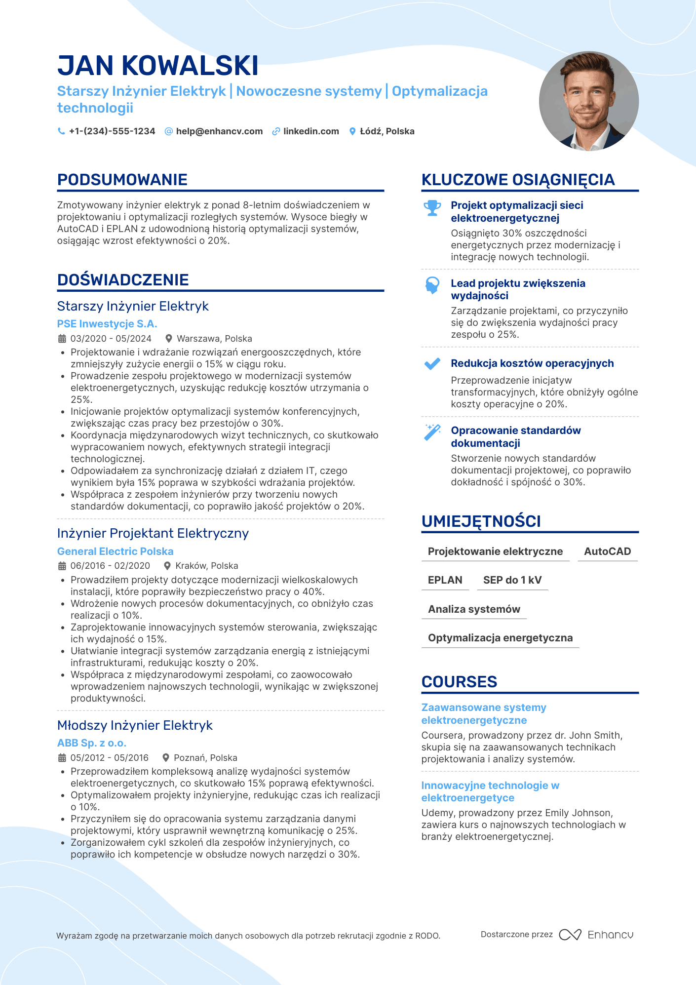 CV dla Starszy Inżynier Elektryk Resume Example