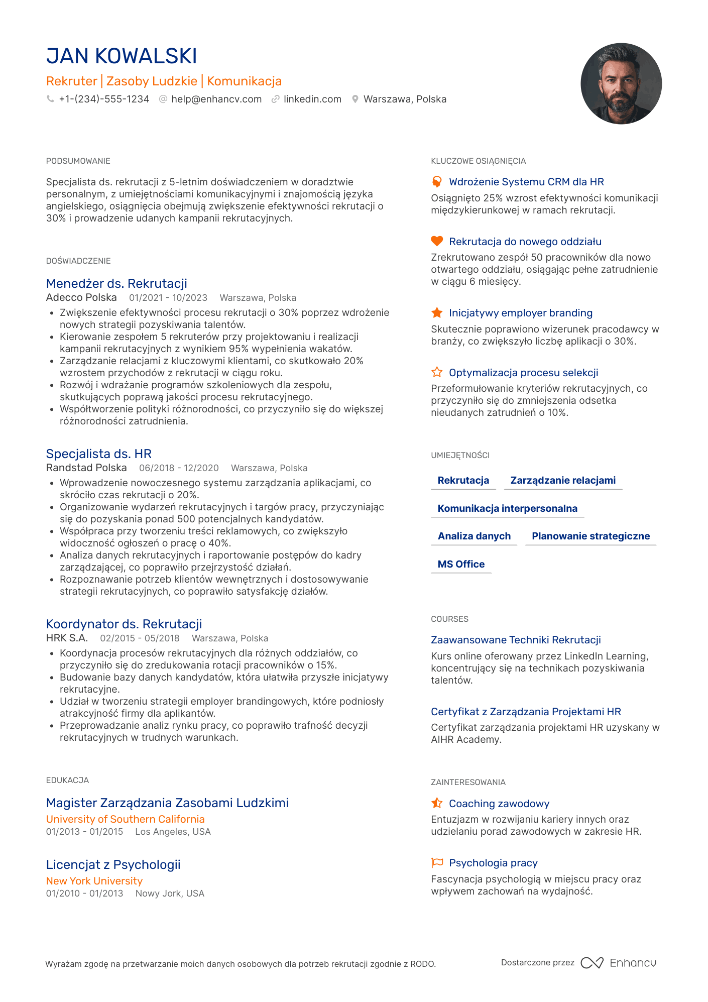 CV dla Rekruter Stażysta Resume Example