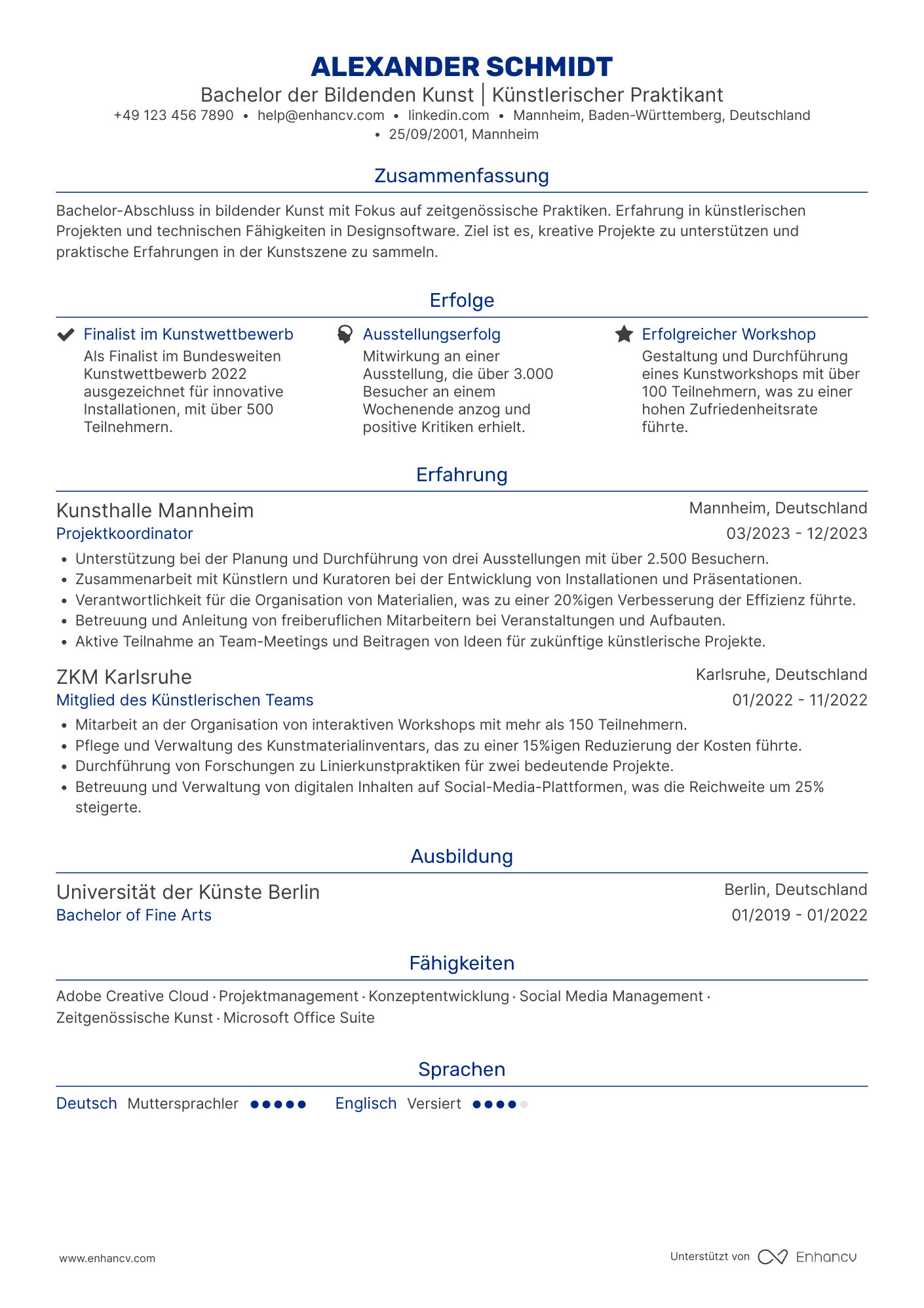 Lebenslauf als Künstlerischer Praktikant Resume Example