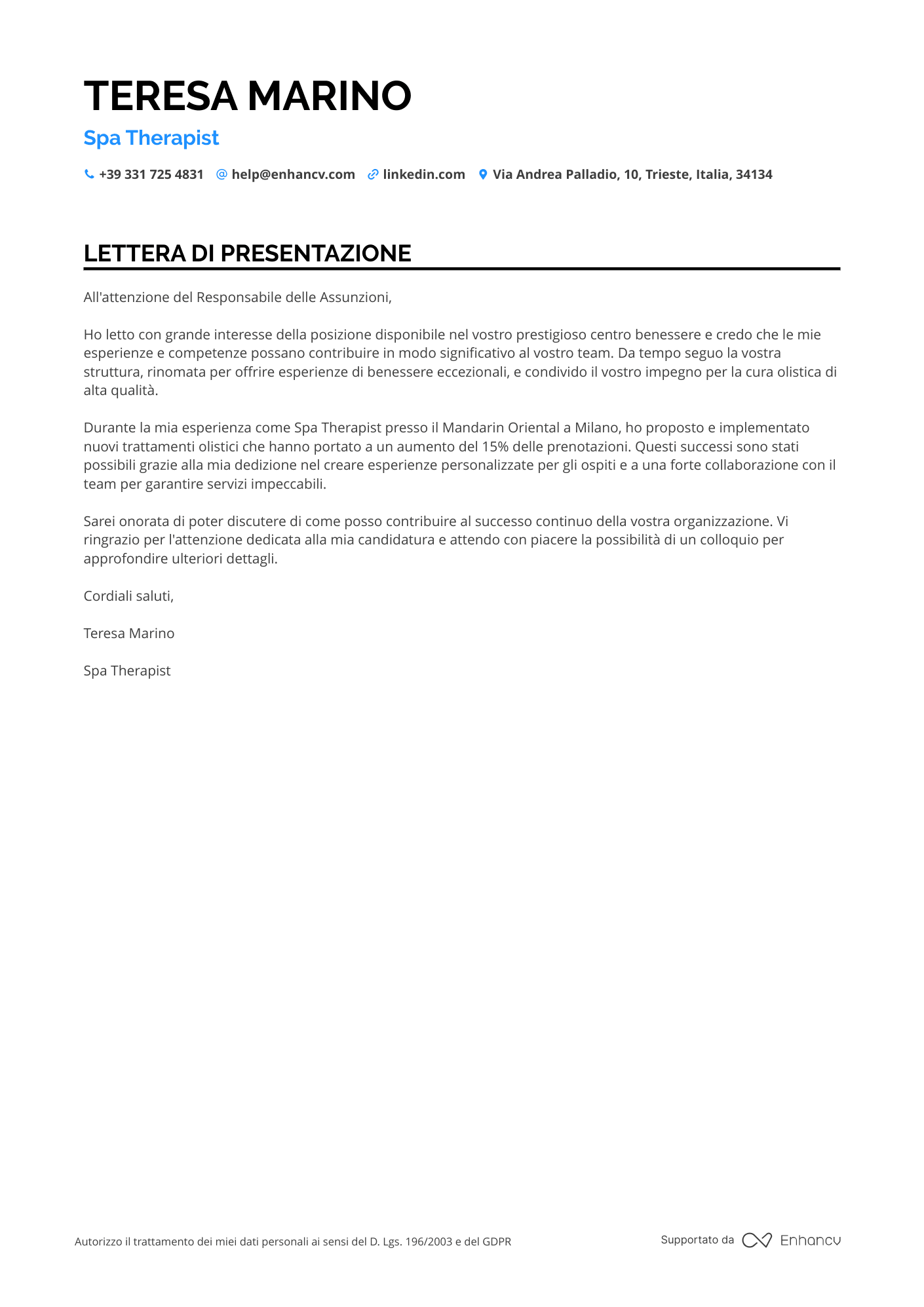 Estetista con Specializzazione in Massaggi Resume Example