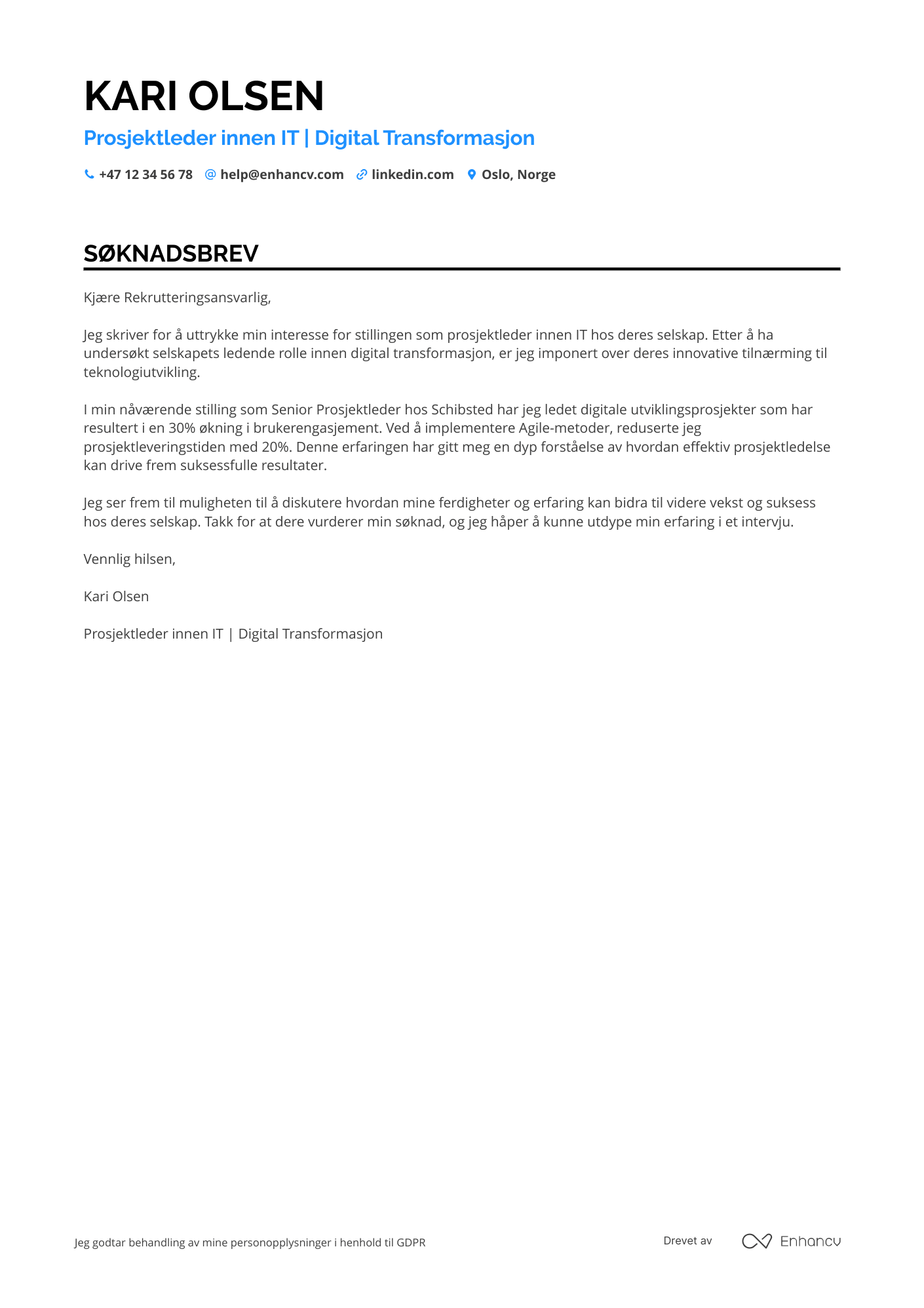 Søknadsbrev for Prosjektleder innen IT Resume Example