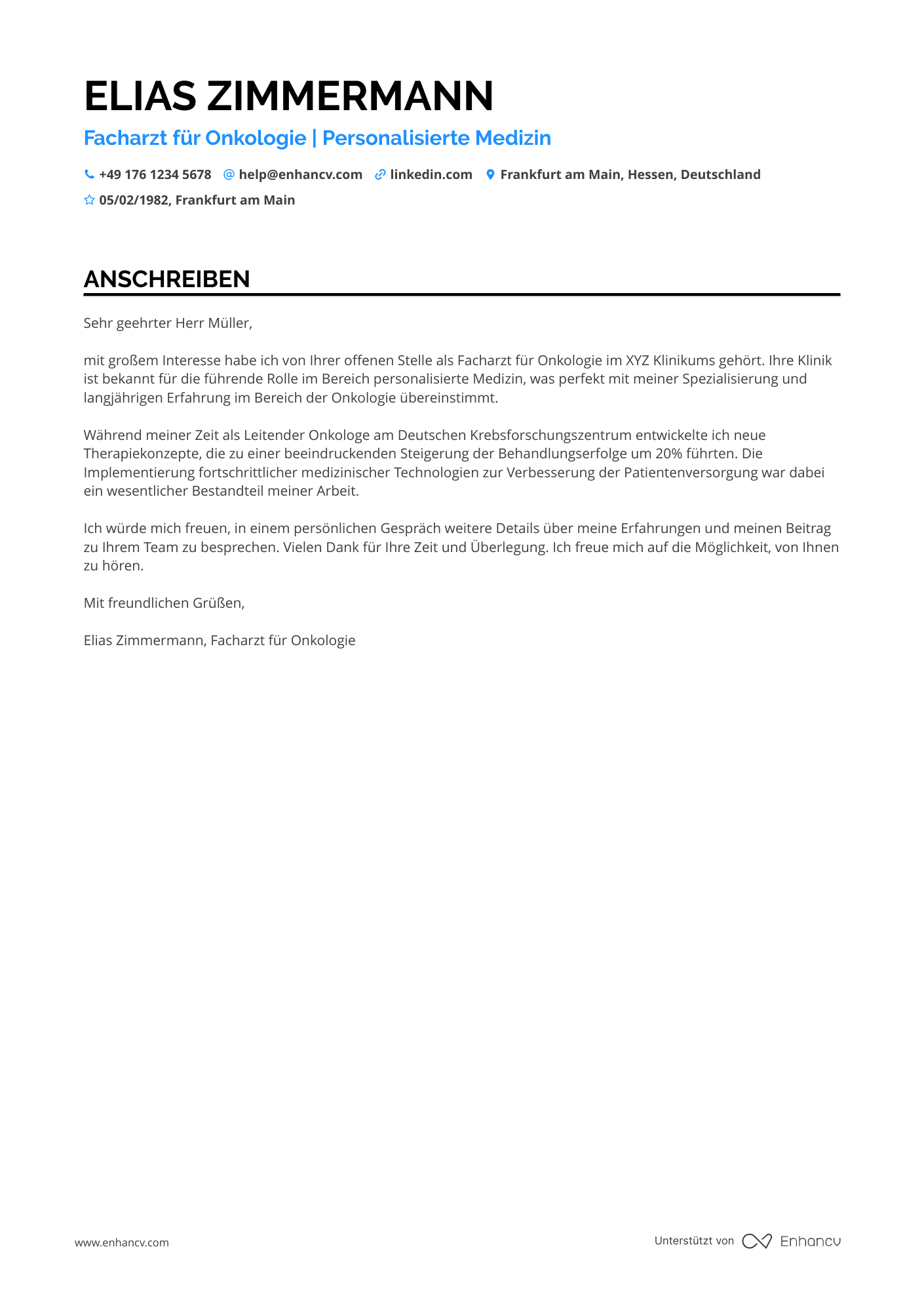 Arzt in der Onkologie Resume Example