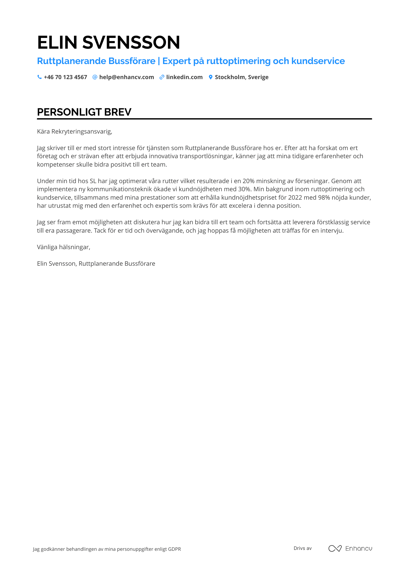 Personligt brev för Ruttplanerande Bussförare Resume Example