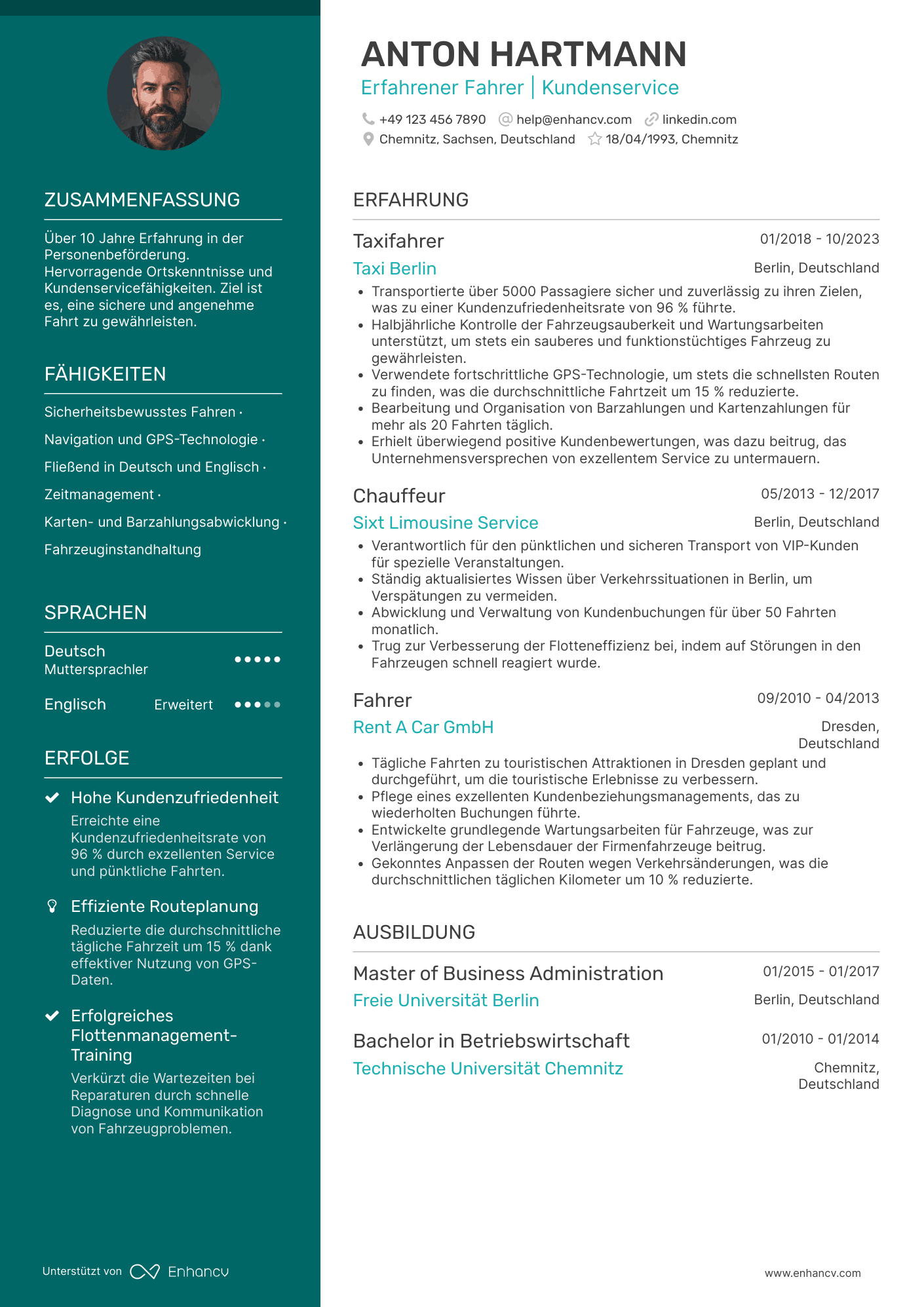 Lebenslauf als Taxifahrer Resume Example