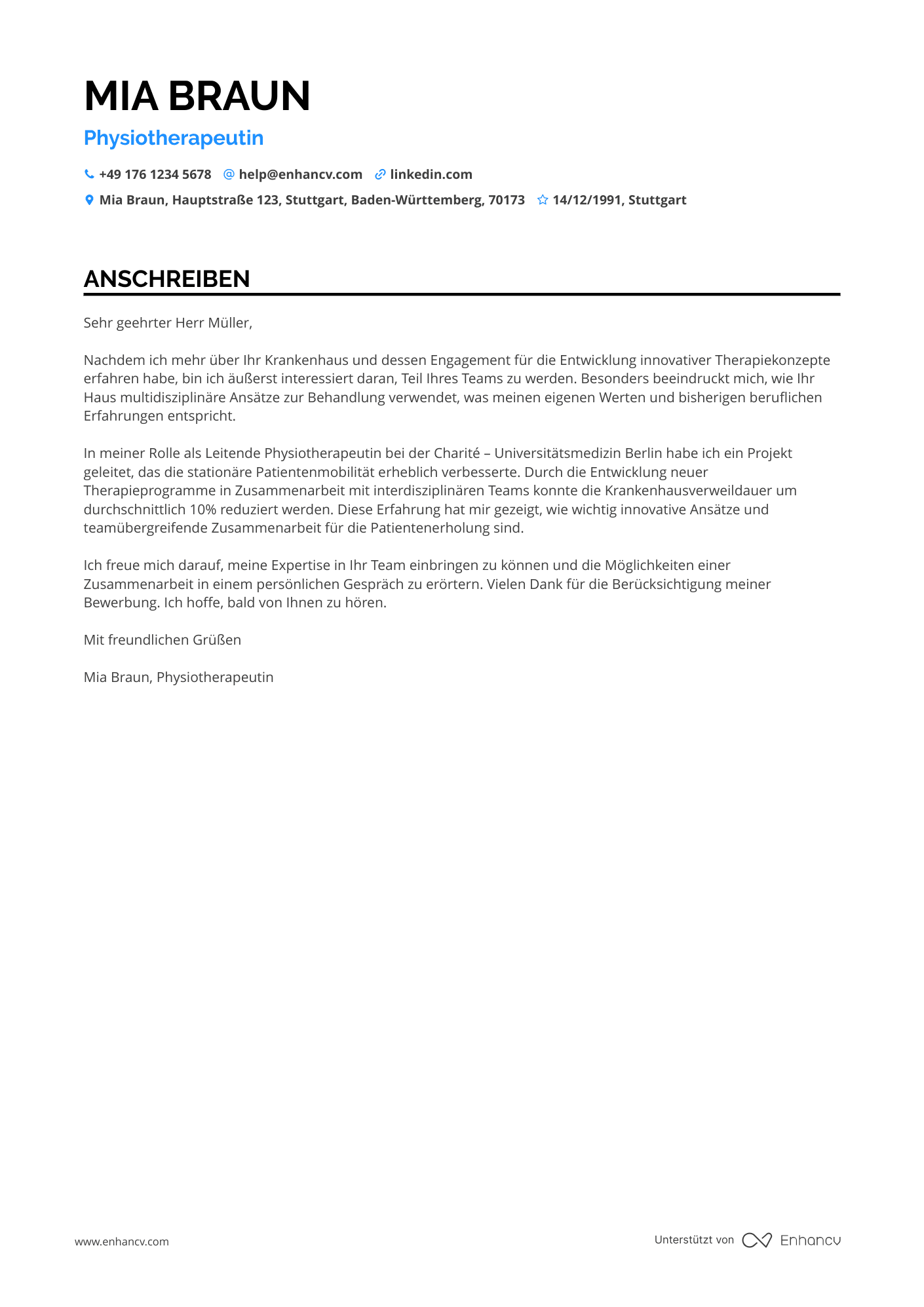 Physiotherapeut in einem Krankenhaus Resume Example