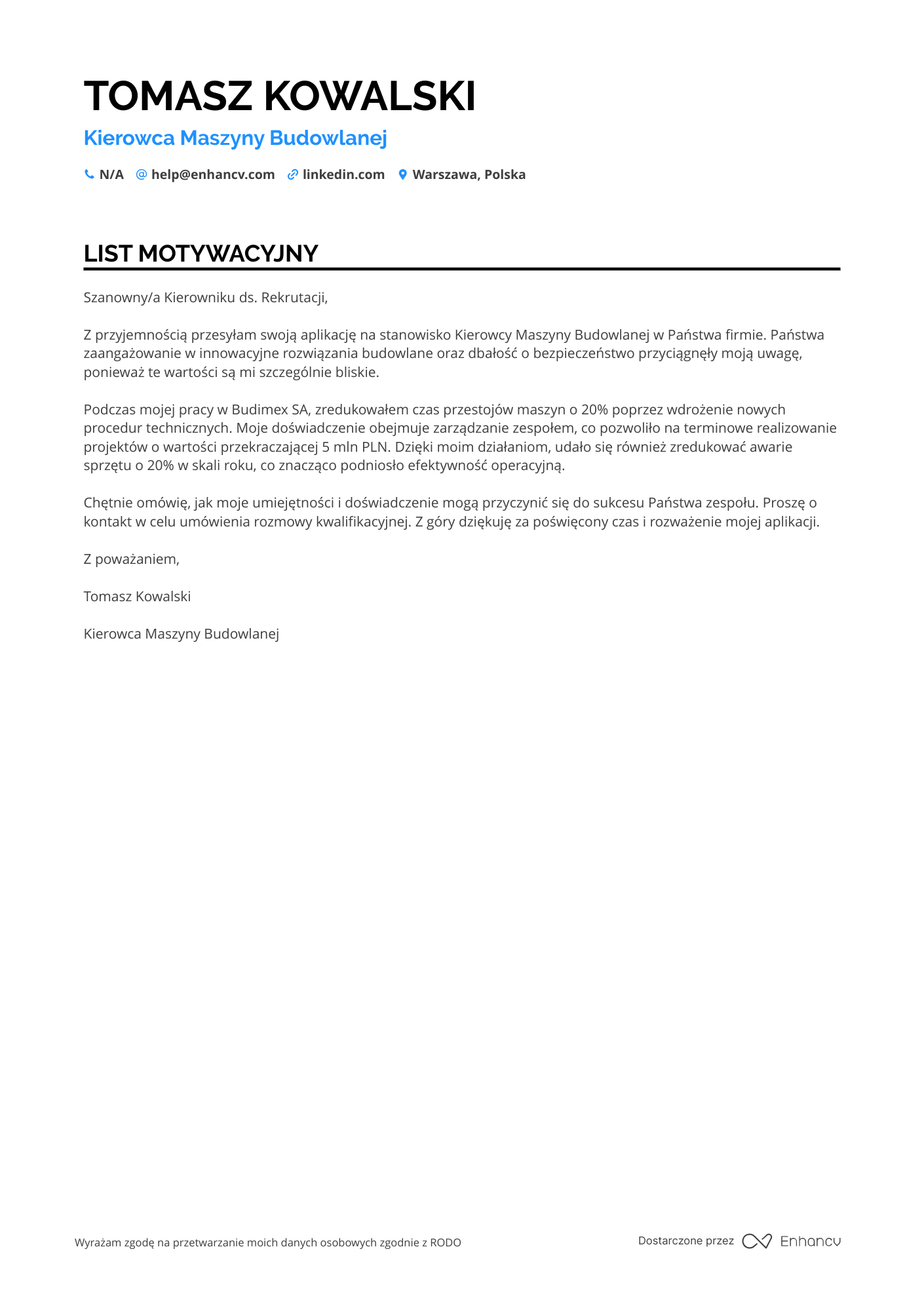 List motywacyjny dla Kierowca maszyny budowlanej Resume Example