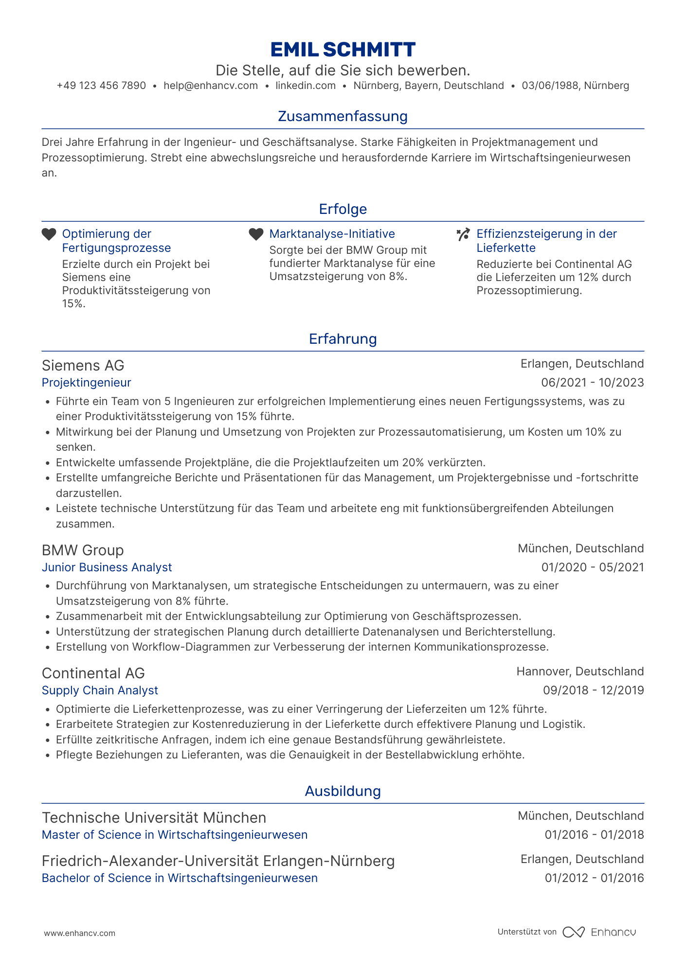 Lebenslauf als Wirtschaftsingenieur Trainee Resume Example