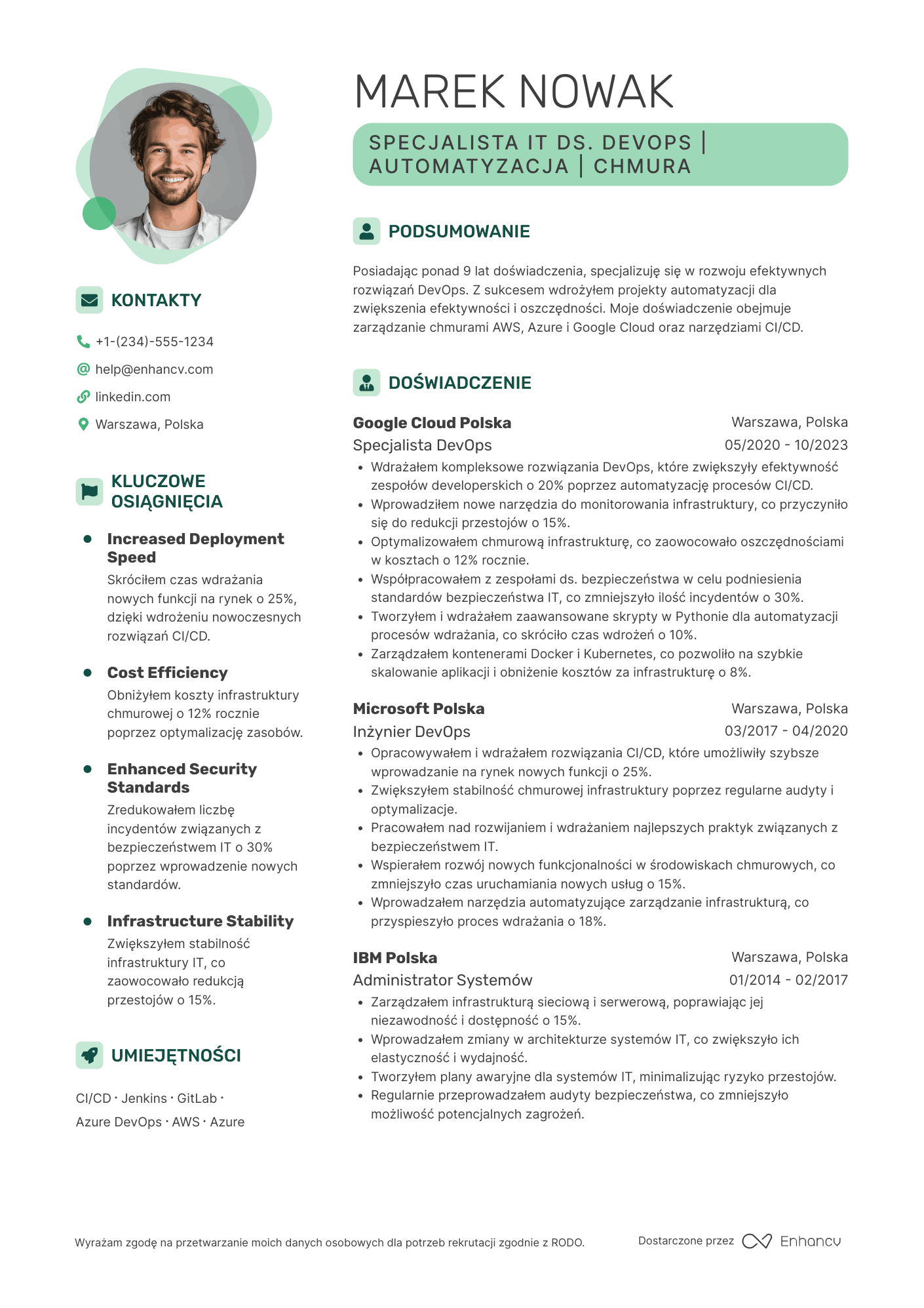 CV dla Specjalista IT ds. DevOps Resume Example