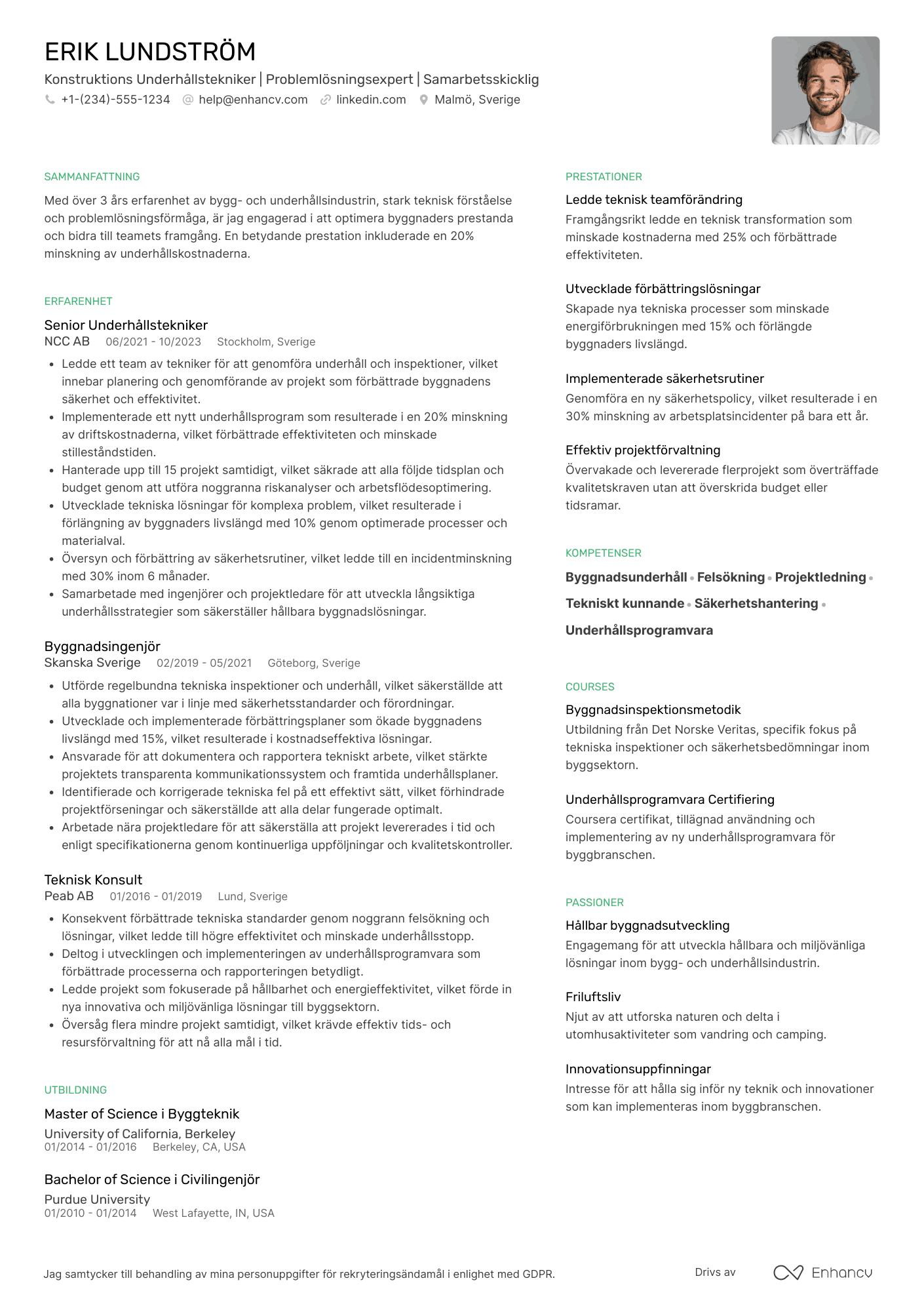 CV för Konstruktions Underhållstekniker Resume Example