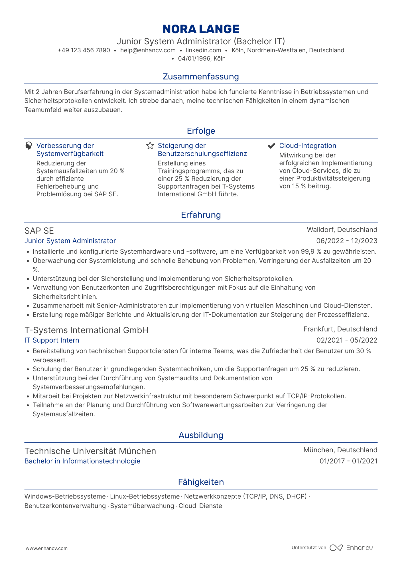 Lebenslauf als Junior Systemadministrator Resume Example
