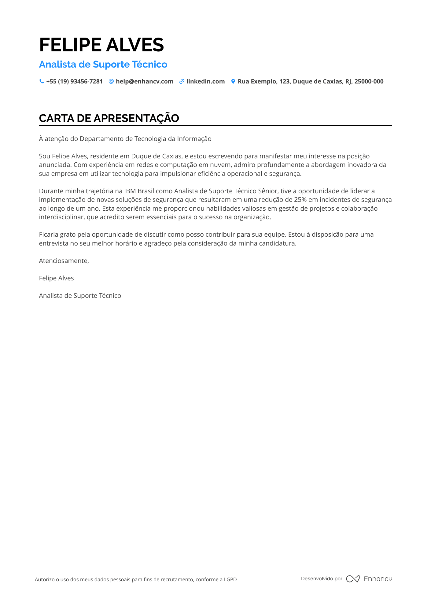 Analista de Suporte Microsoft Nível II Resume Example