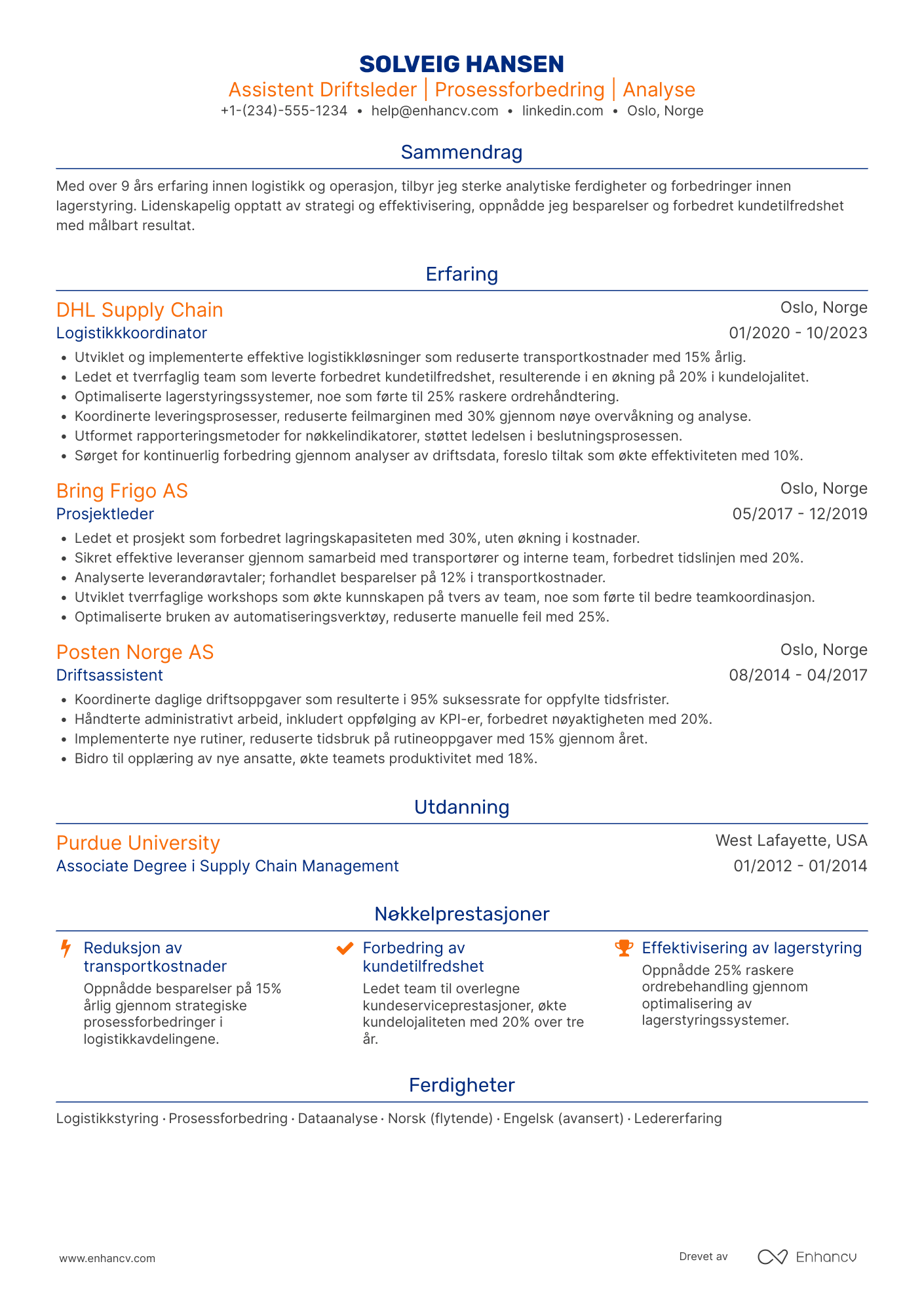 CV for Assistent Driftsleder Resume Example