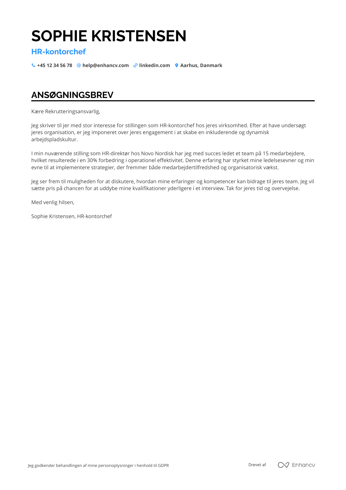Ansøgningsbrev til HR kontorchef Resume Example