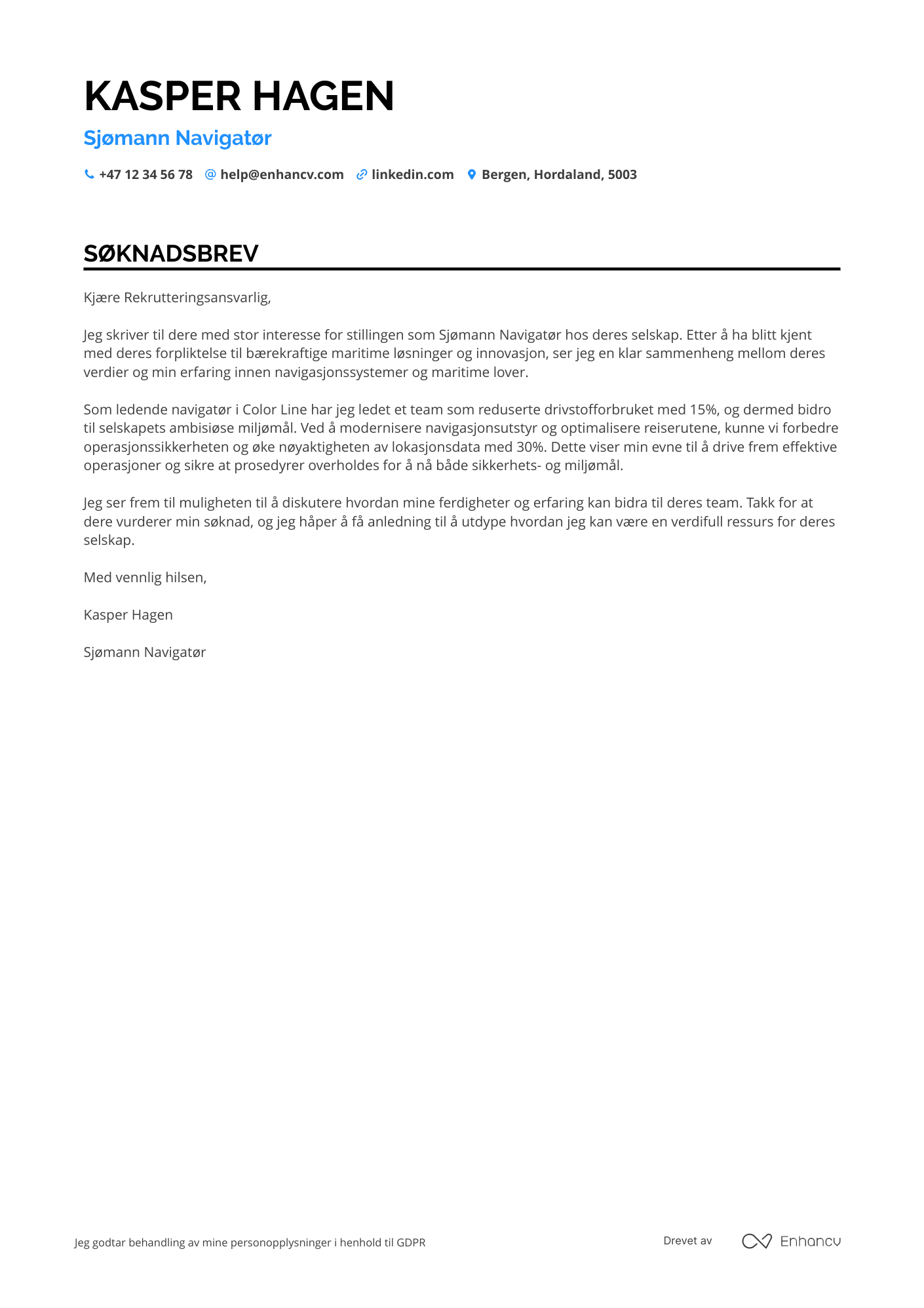 Søknadsbrev for Sjømann Navigatør Resume Example