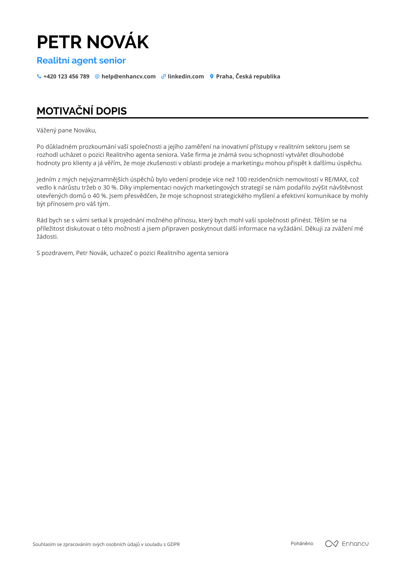 Motivační dopis pro Realitní agent senior Resume Example