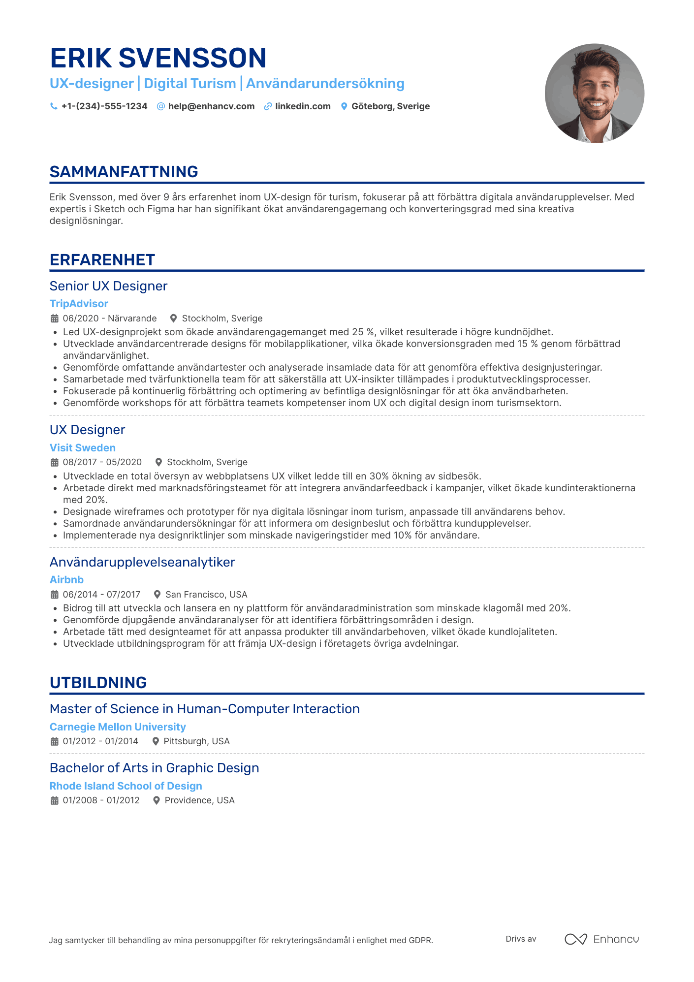 CV för UX design för turism Resume Example
