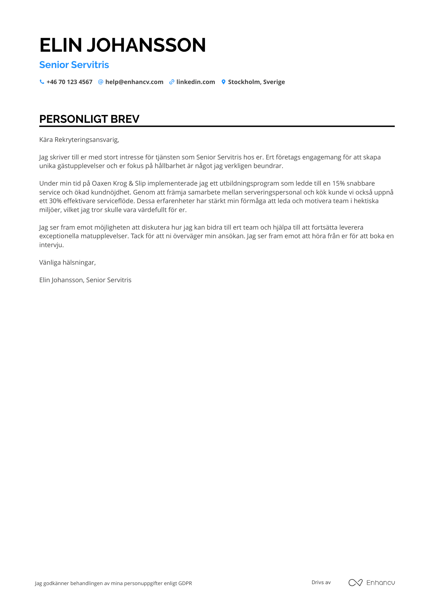 Personligt brev för Senior Servitris Resume Example